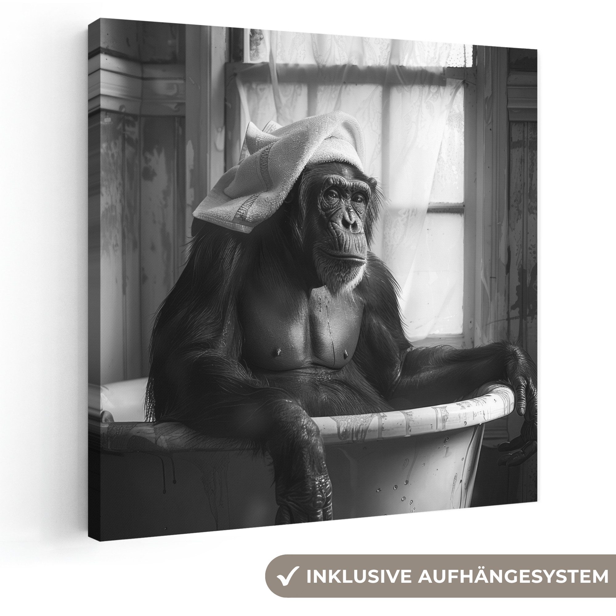 OneMillionCanvasses® Leinwandbild Affe - Tier - Bad - Schwarz - Weiß - Humor, Fotodruck (1 St), Wandbild, Deko Schlafzimmer Wohnzimmer Flur 20x20 cm