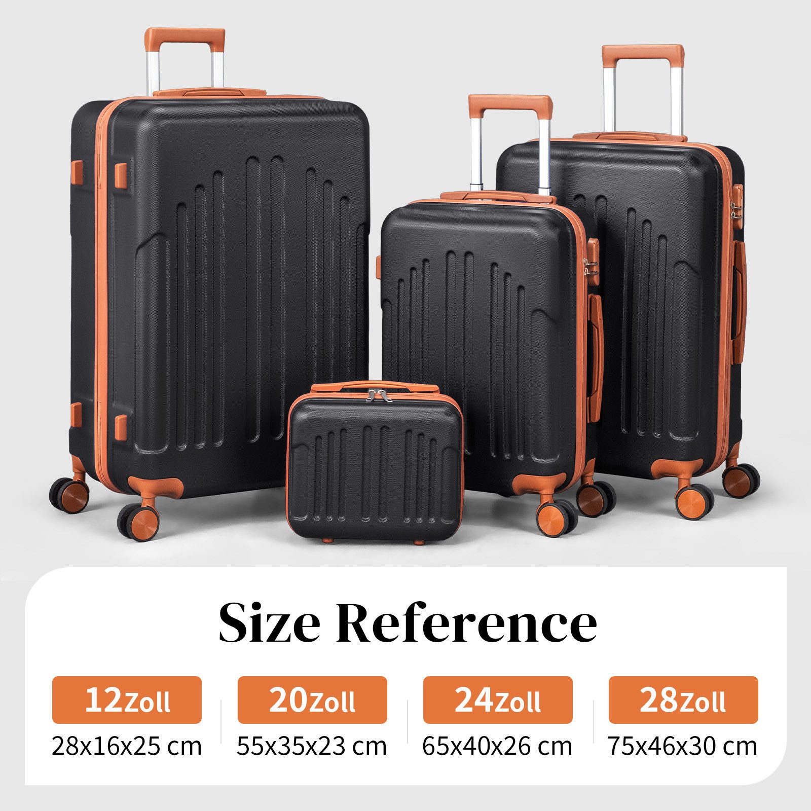 LALAHO Trolleyset 4tlg. Kofferset Hartschalenkoffer Trolley 360° Rollen, 4 Rollen, (4 tlg), Reisekoffer Set mit Handgepäck, Schwarz