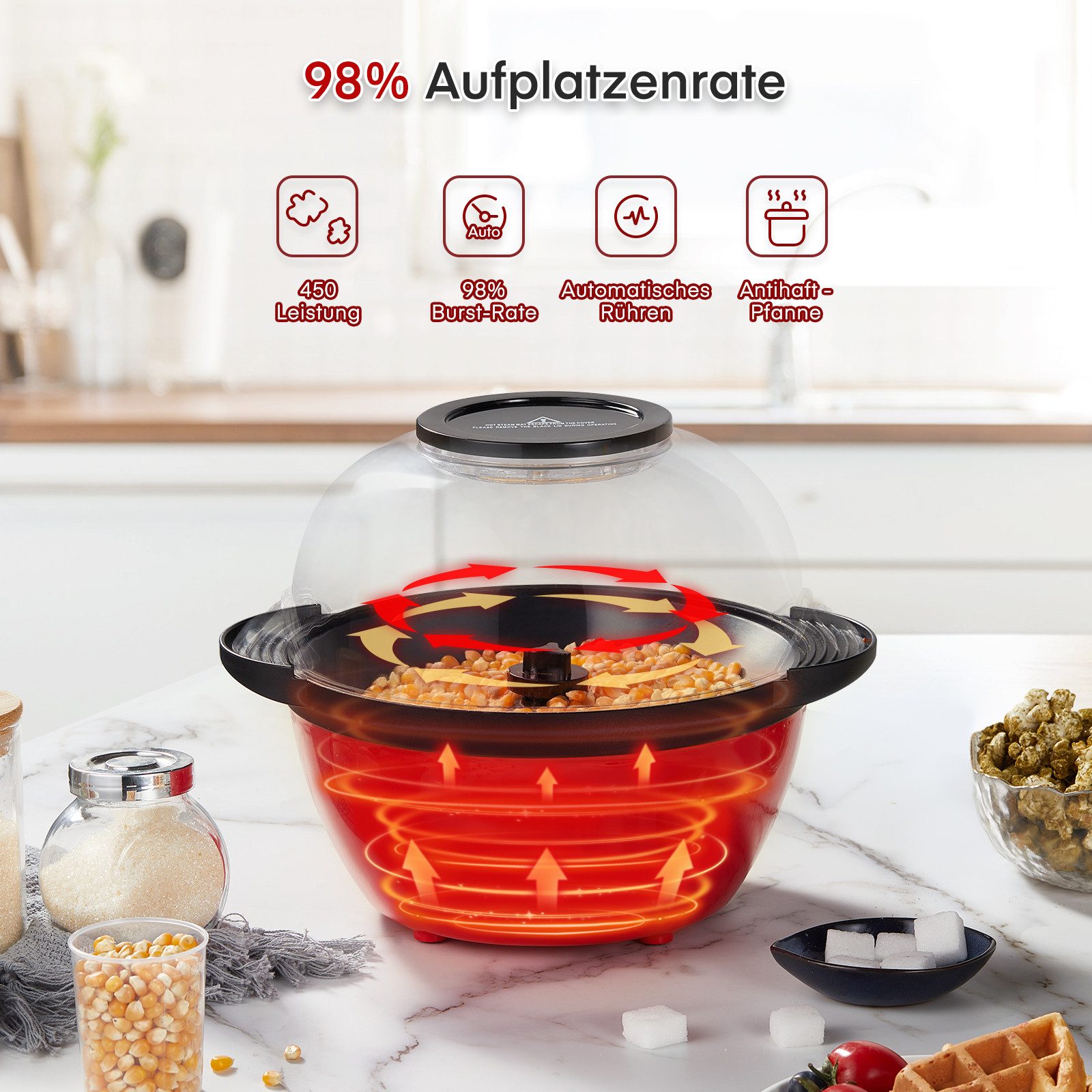 FOHERE Popcornmaschine 3.5L Popcornmaschine, 450W Elektrische Rühr Popcorn Maschine, mit 2 Messbecher, rot