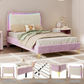 OKWISH Polsterbett Kinderbett mit Holzlatten, Einzelbett, Samt (mit wechselnden LED-Streifen, rosa Bettrahmen, 90x200cm, mit Kopfteil in Form eines Tierohrs, mit mehrfarbigen), ohne Matratze