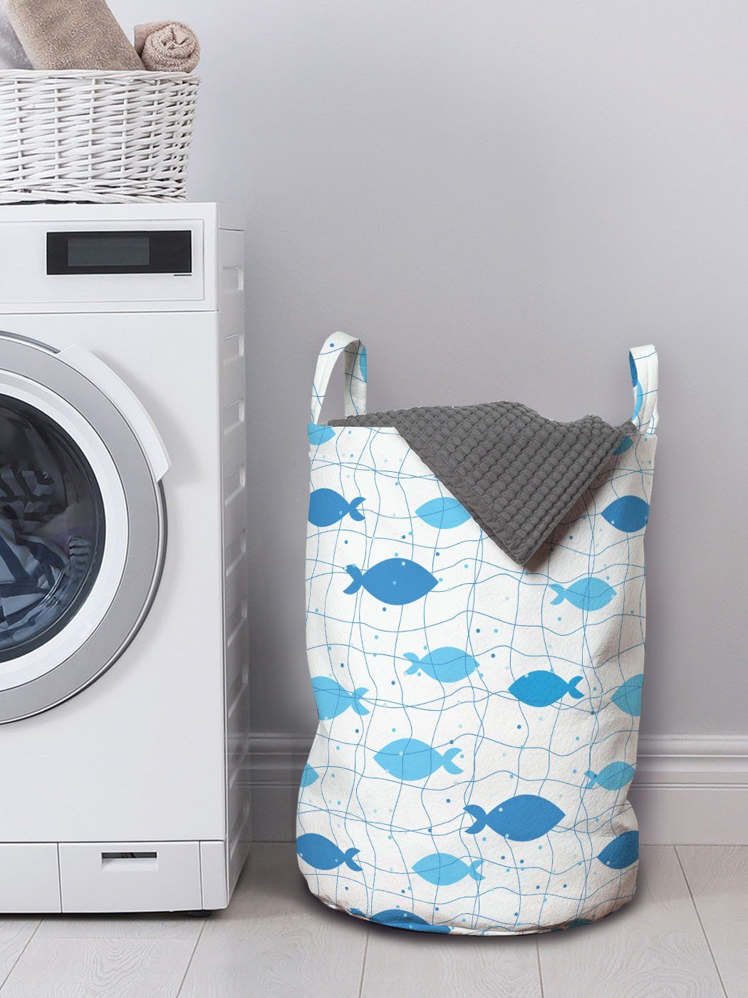 Abakuhaus Wäschesäckchen für mit Geometrische Design Kordelzugverschluss Griffen Waschsalons, Net Fisch Wäschekorb Punkte