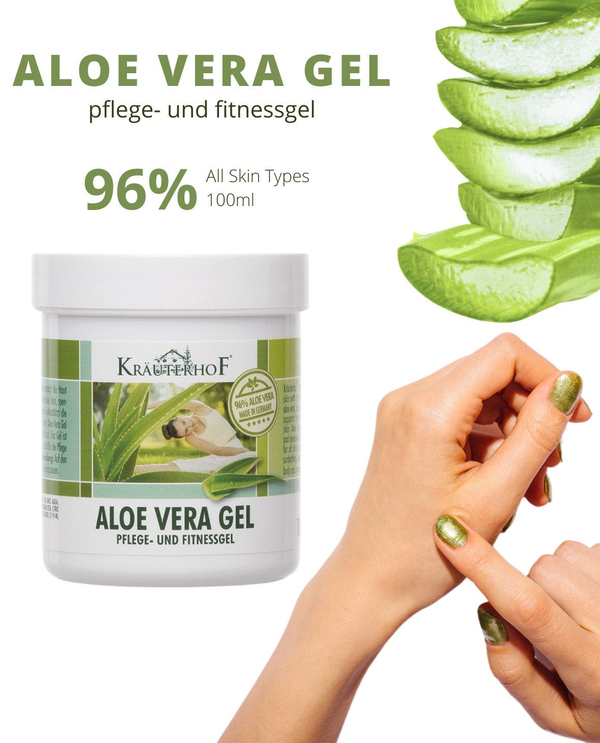 Kräuterhof Hautpflegegel KräuterhoF Aloe Vera Pflege- und Fitnessgel 100 ml Erfrischende Wirkung, 1-tlg., 96% Aloe-Vera-Anteil, Leichte, fettfreie Gel-Textur