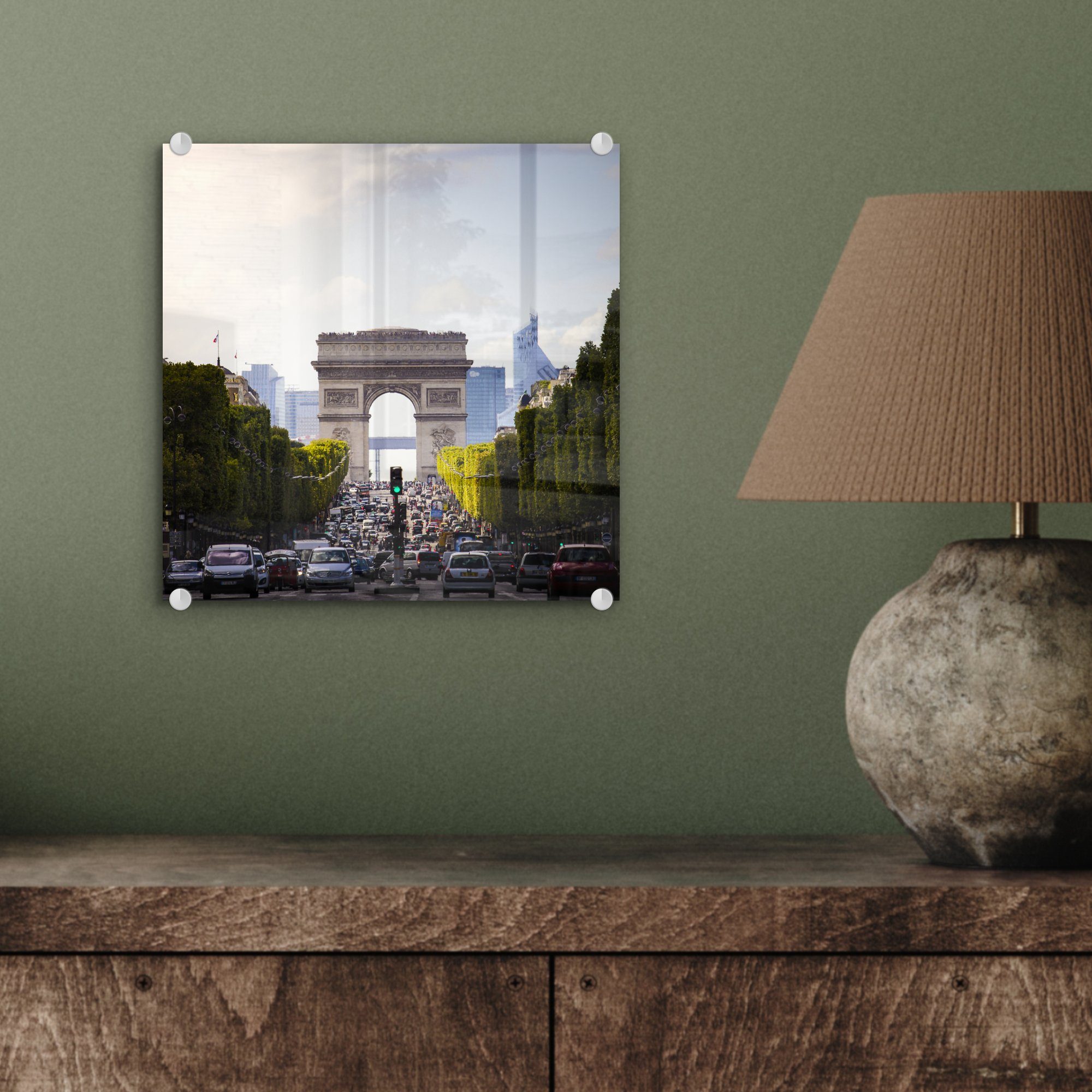 Elysées Wanddekoration vor dem Straßen der Triumphbogen, Bilder in Glas Glas Paris auf - auf MuchoWow Acrylglasbild St), Glasbilder belebten Die Foto - (1 Wandbild - Champs