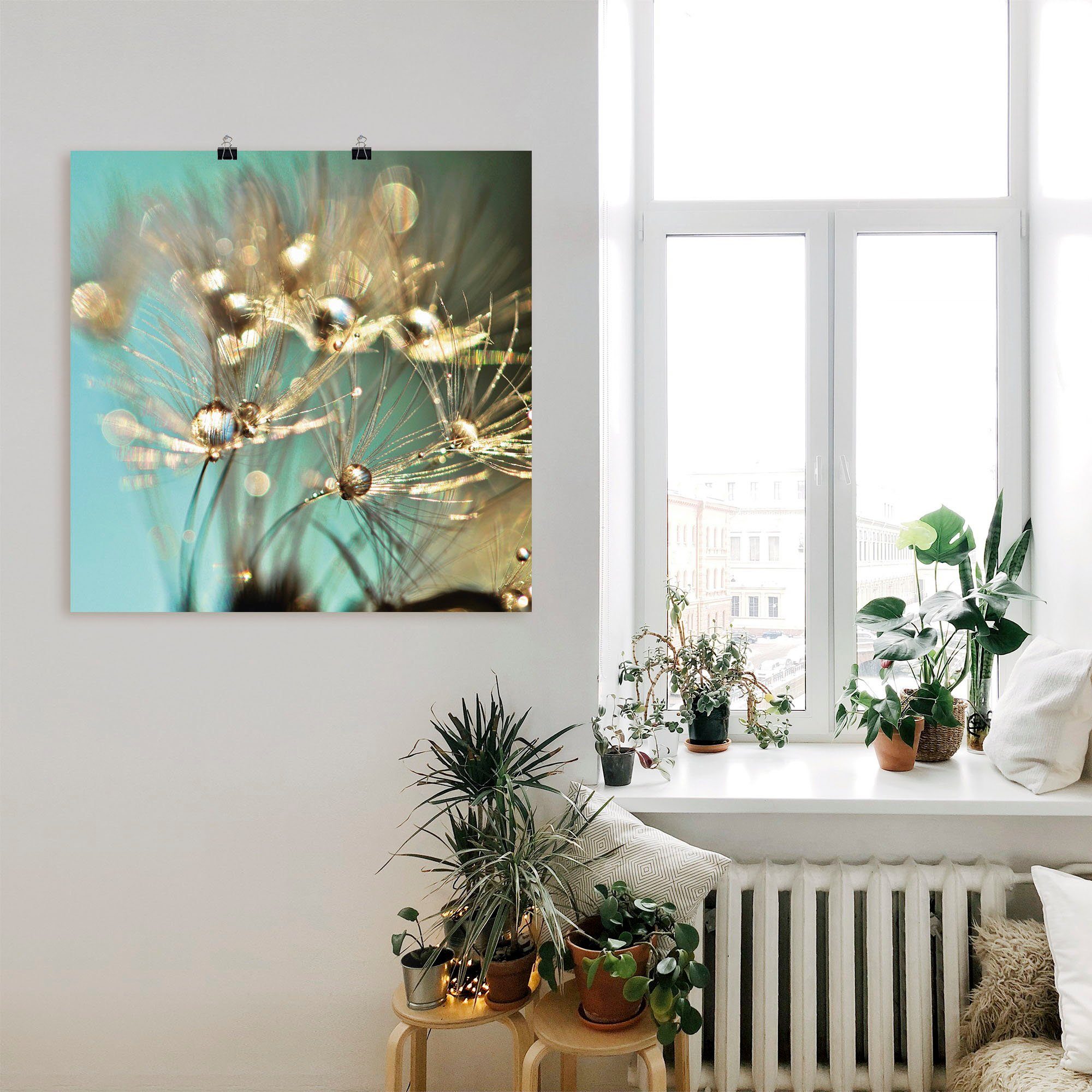 Blumen versch. in glänzendes Größen Artland oder als (1 Wandbild Alubild, St), Poster Wandaufkleber Leinwandbild, Pusteblume Gold,