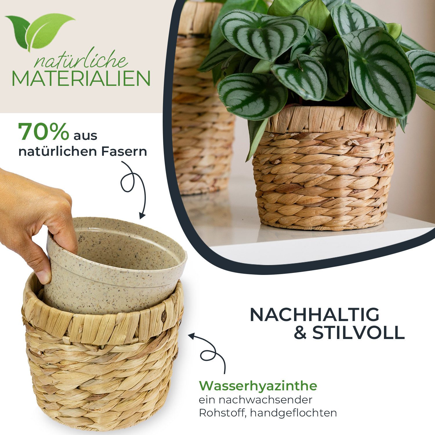 HMF Wasserhyazinthentopf Innovativer Blumentopf geflochten aus Wasserhyazinthe (1 St), mit Pflanztopf aus nachhaltigen Rohstoffen, Rund, ø14 cm