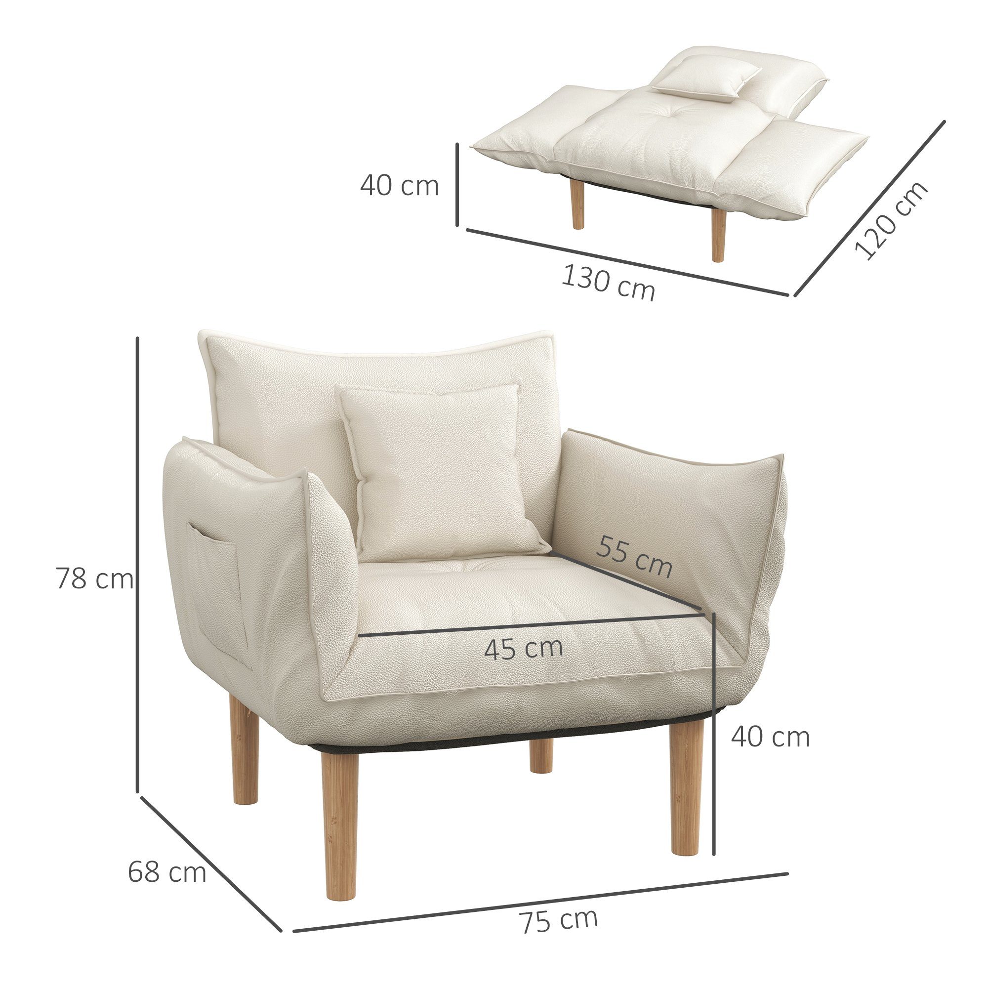HOMCOM Sessel 2-in-1 Loungesessel, Creme Schlafzimmer, (Relaxsessel, Kissen Einzelsessel Wohnzimmer, für 1-St., Stuhl), Akzent Verstellbarer Bodensessel mit