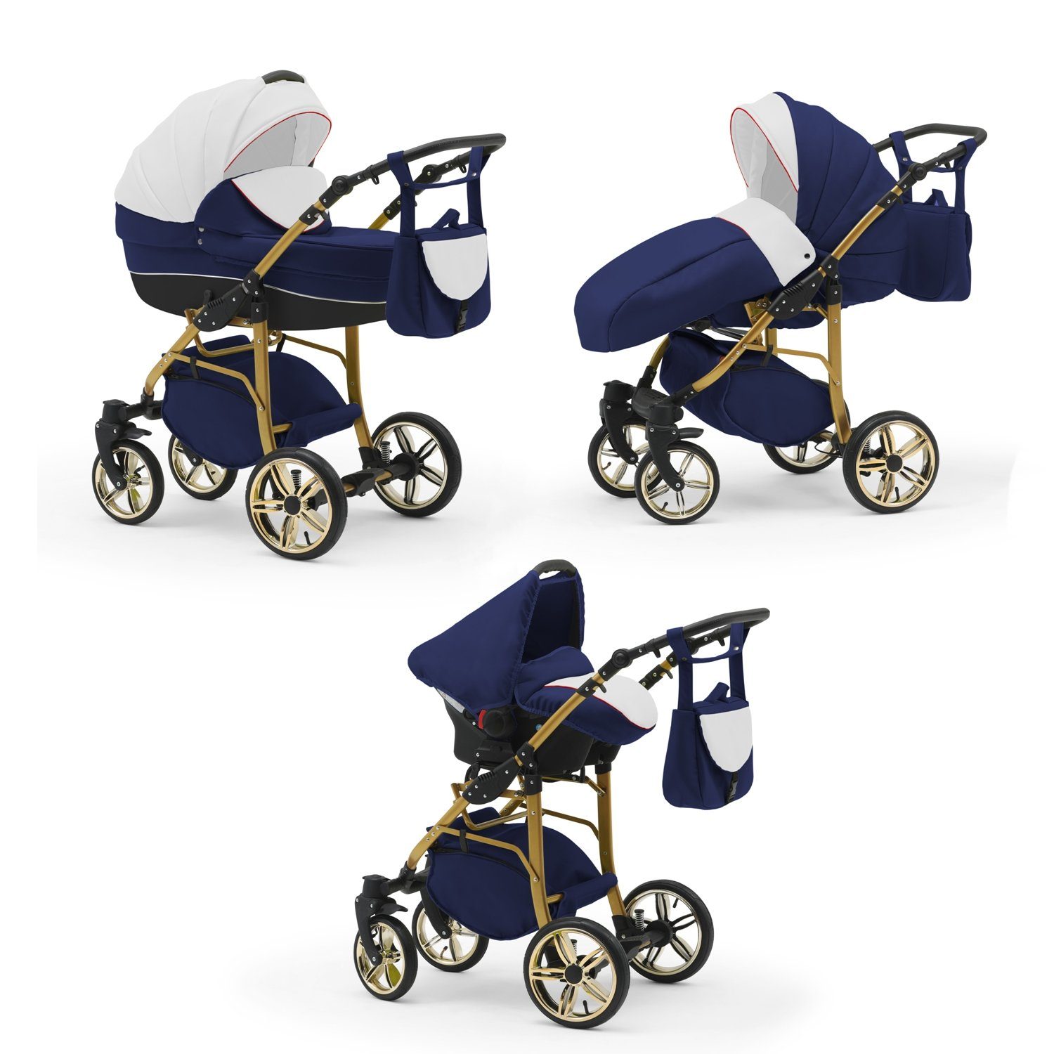 babies-on-wheels Kombi-Kinderwagen 3 in 1 Kinderwagen-Set Cosmo ECO Gold - 16 Teile - in 46 Farben Weiß-Navy-Schwarz