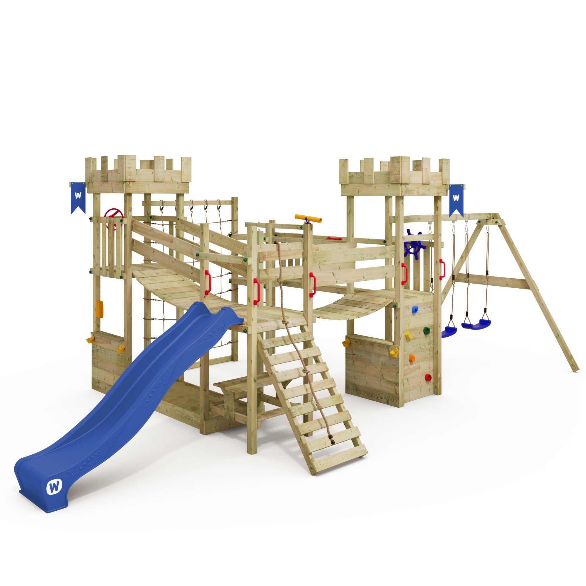 Klettergerüst Smart Arch – Ritterburg-Spielturm mit Wackelbrücke, Rutsche & Schaukel