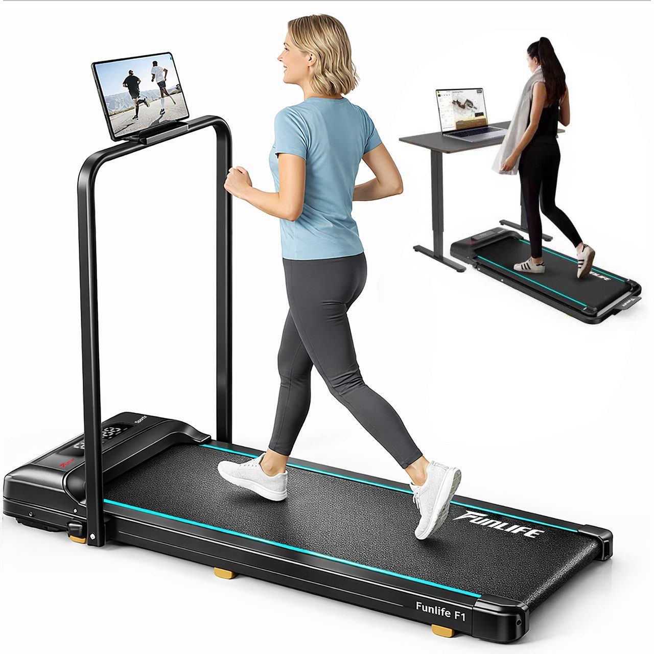 FunLife Laufband 3-in-1 Walking Pad mit Haltegriff (Einzelgerät, Homeoffice Walking Pad), 1–8 km/h, klappbar, Homeoffice geeignet