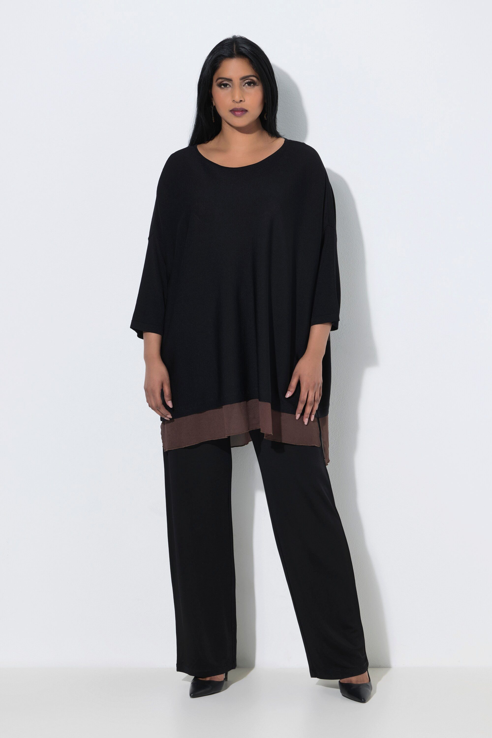 Ulla Popken Strickpullover Pullover Chiffonsaum U-Boot-Ausschnitt 3/4-Arm