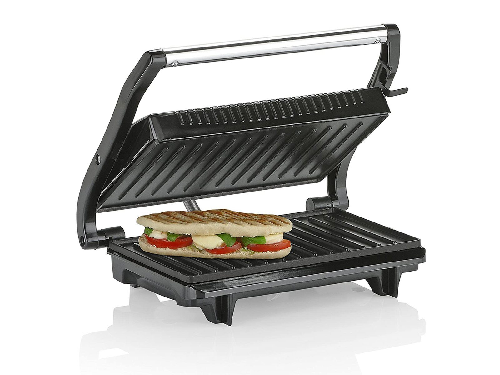 Tristar Kontaktgrill, 700 W, Kleiner Tischgrill & Grillzange Indoor Mulitgrill Paninimaker Camping