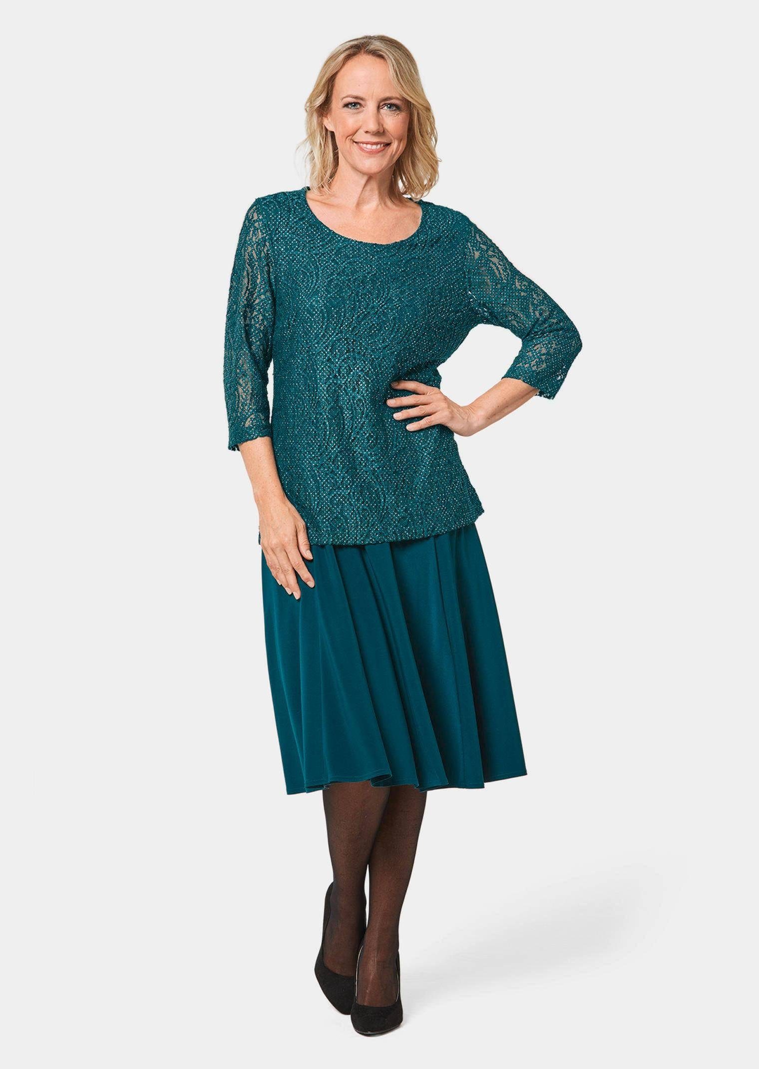 GOLDNER Klassische Bluse Kurzgröße: Elegantes Blusenshirt mit Glanzeffekt Viskosebluse mit Spitze, Rundhals und 3/4-Arm