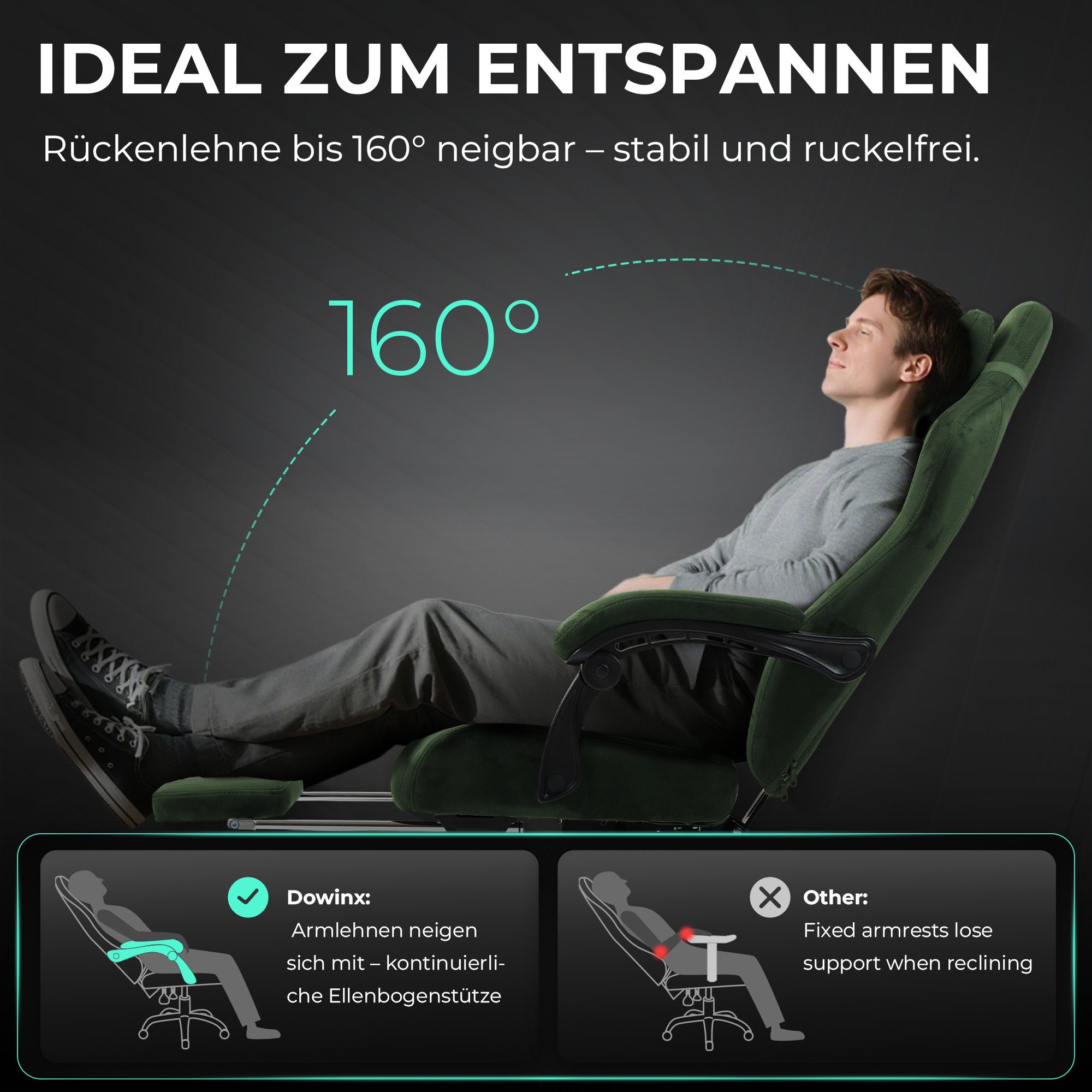 Dowinx Gaming-Stuhl Atmungsaktiver und Ergonomischer Bürostuhl aus Mikrofaser-Velours (Packung), Weiches Sitzgefühl, Verstellbarer Schreibtischstuhl mit Fußstütze