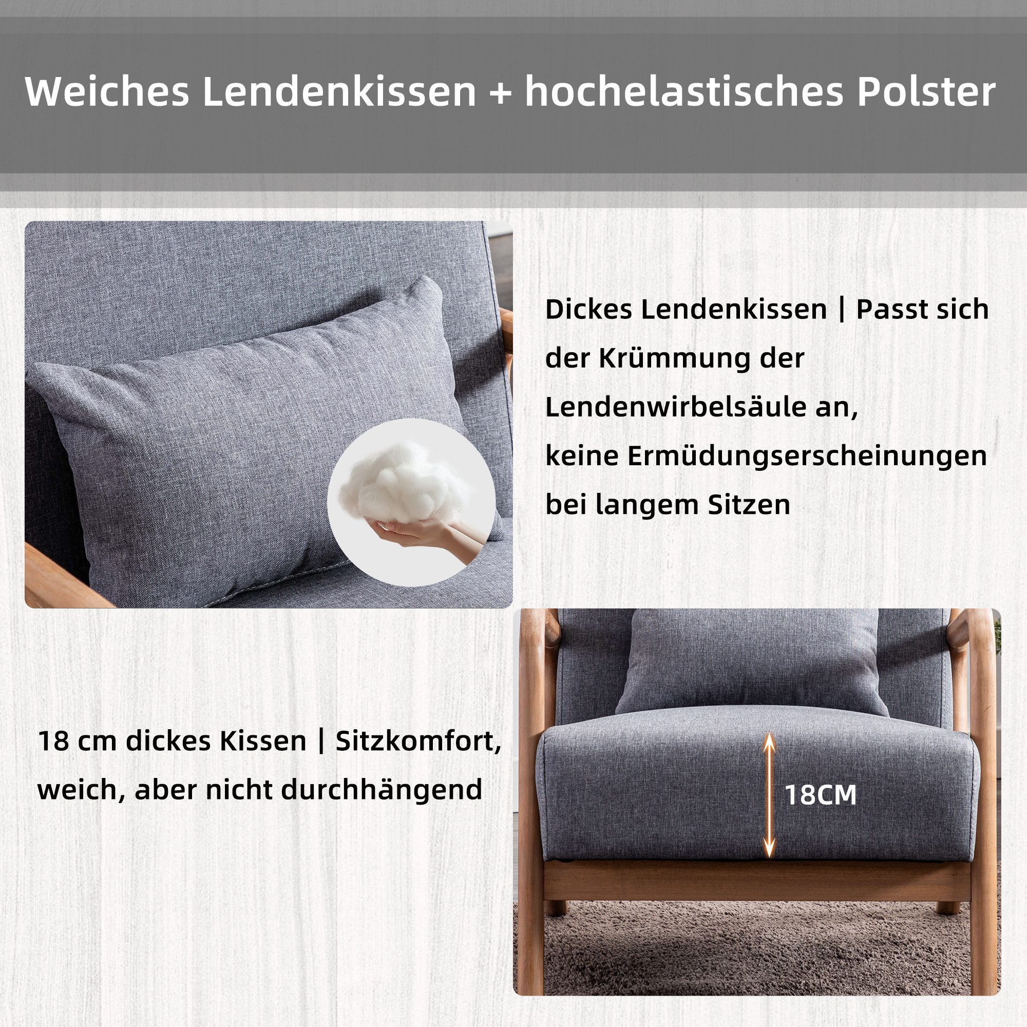 CANMOV Relaxsessel Accent Sessel mit Kissen, Loungesessel mit Armlehnen, Einzelsessel (1-St), Natürliches Holz, Liegestuhl mit Armlehne und Kissen, für Wohnzimm – Bild 5 von 5