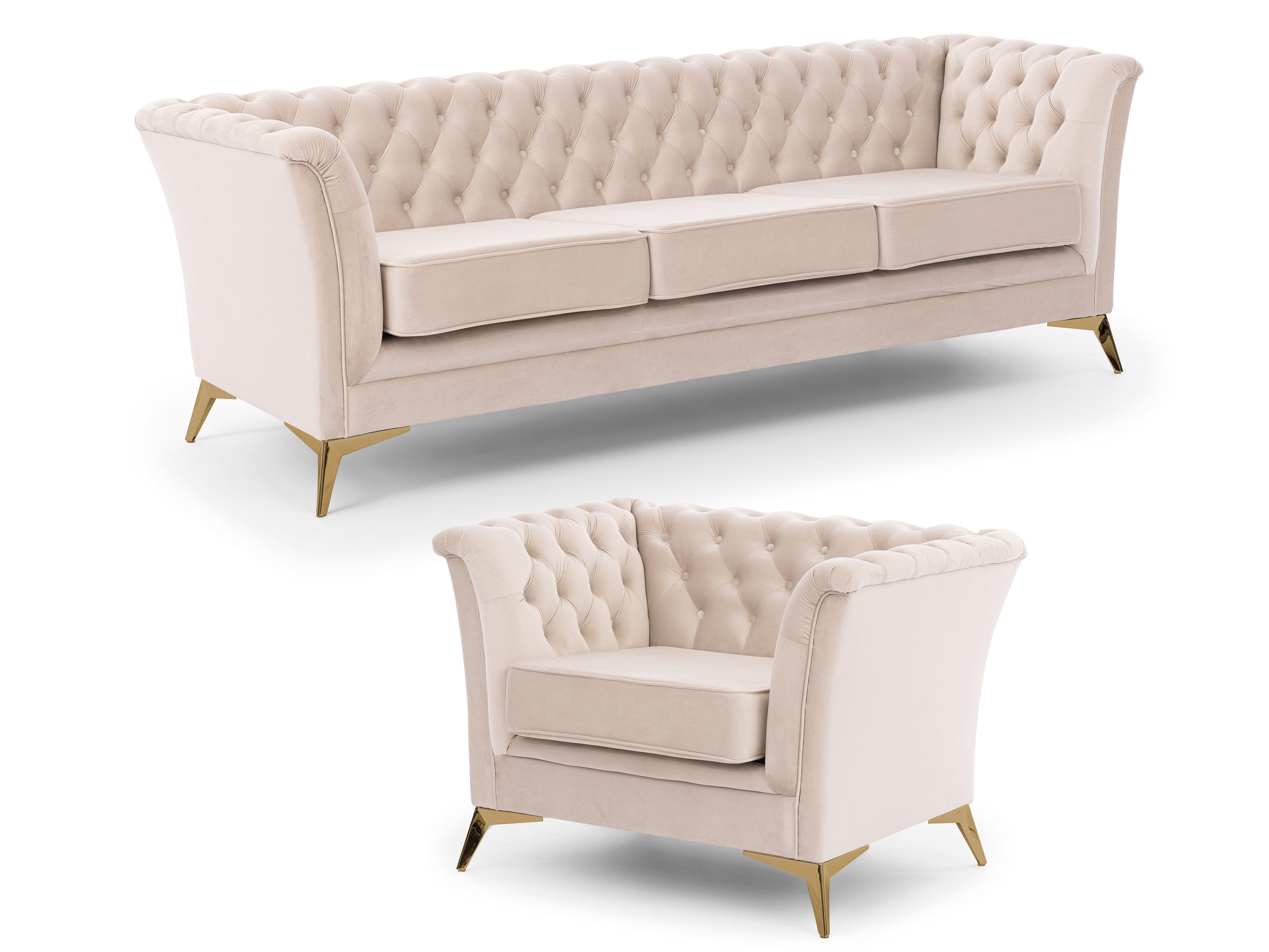 S-Style Möbel Polstergarnitur 3+1 Whitby aus Samt mit goldenen, silbernen oder schwarzen Füßen