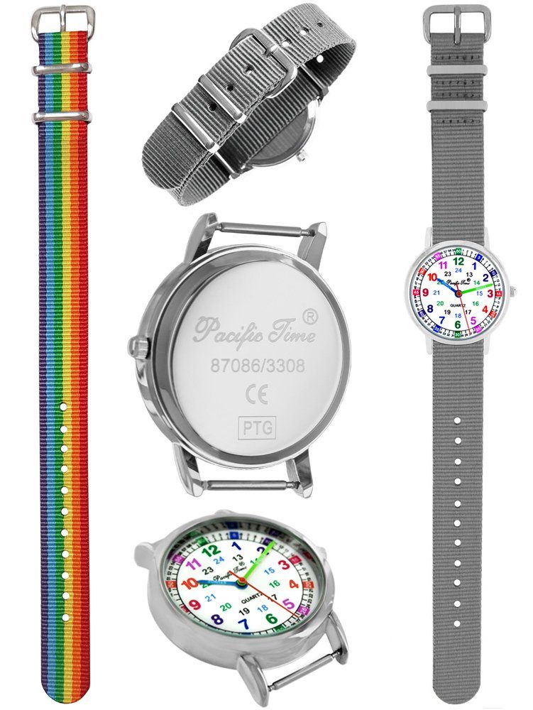 buntes Armband Pacific grau Jungen + - Kinder Time Armbanduhr Lernuhr Quarzuhr Gratis Versand Wechselarmband 12926, 2 Textil