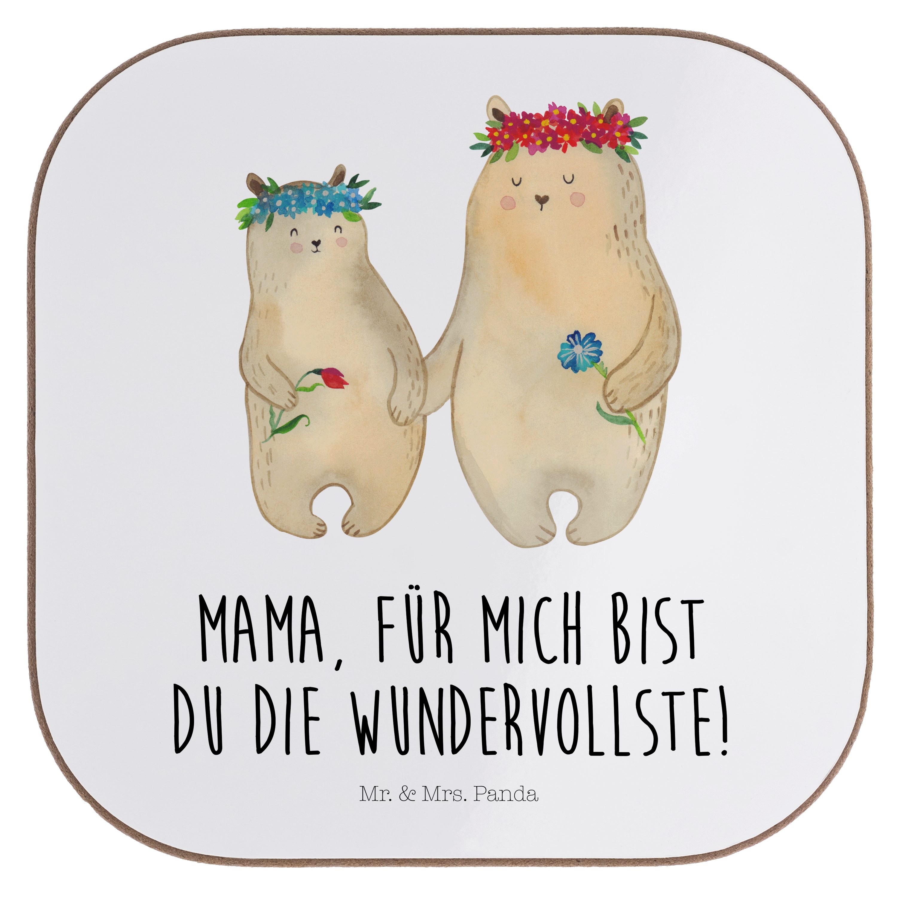 Mr. & Mrs. Panda Getränkeuntersetzer Bären mit Blumenkranz - Weiß - Geschenk, Tochter, Vorbild, Untersetze, 1-tlg.
