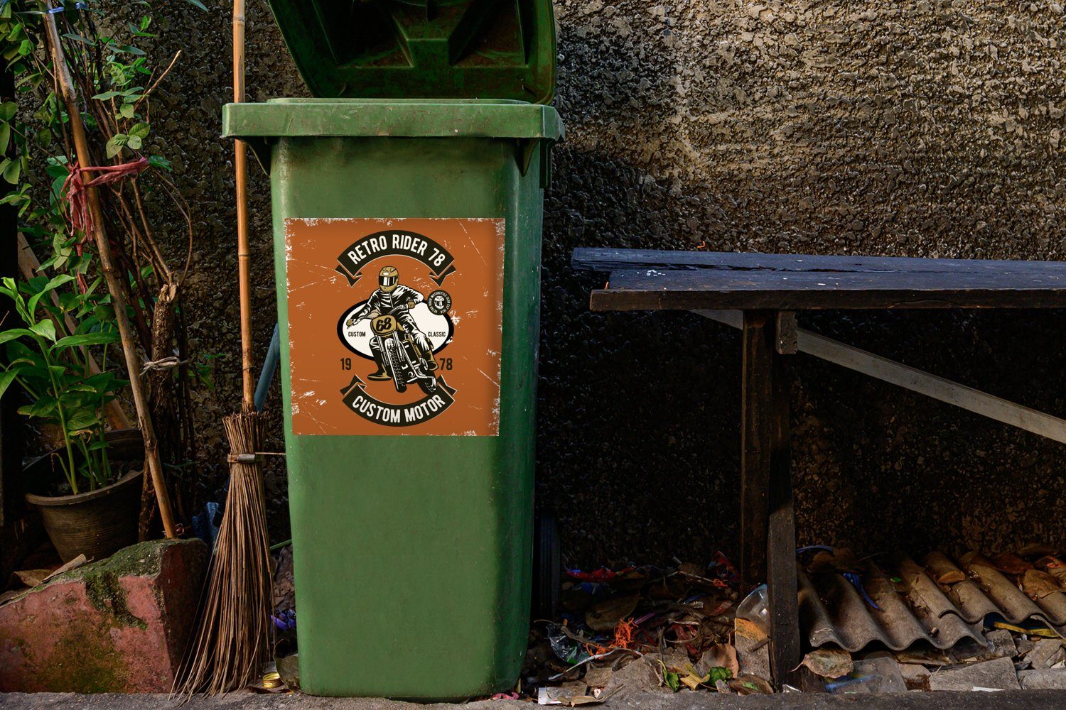 Motorrad Mülleimer-aufkleber, (1 - St), Wandsticker Abfalbehälter Retro Container, Mann Sticker, - MuchoWow Mülltonne,