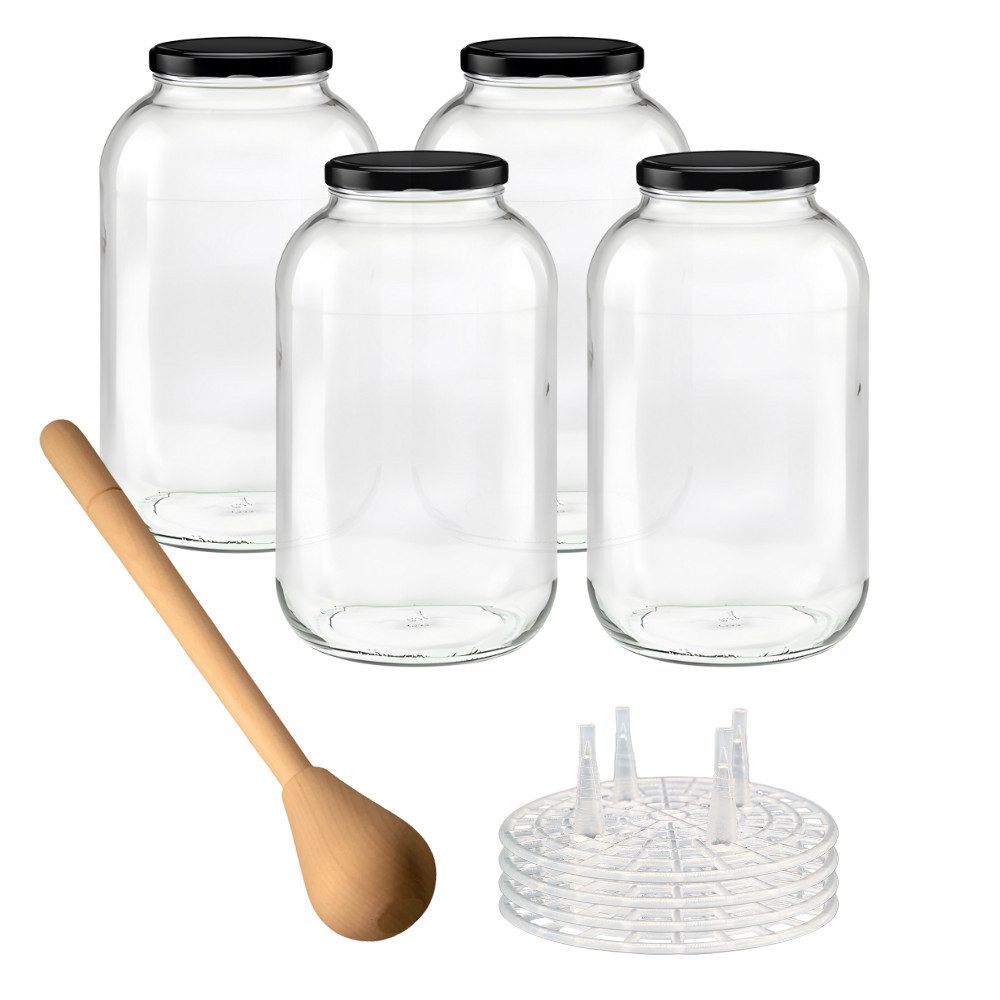 mikken Fermentationsglas 4 XXL Fermentiergläser 4,25 Liter große Vorratsgläser, (Starter-Set, 4er Set), mit Fermentier Gitter, Holzstößel und Deckel