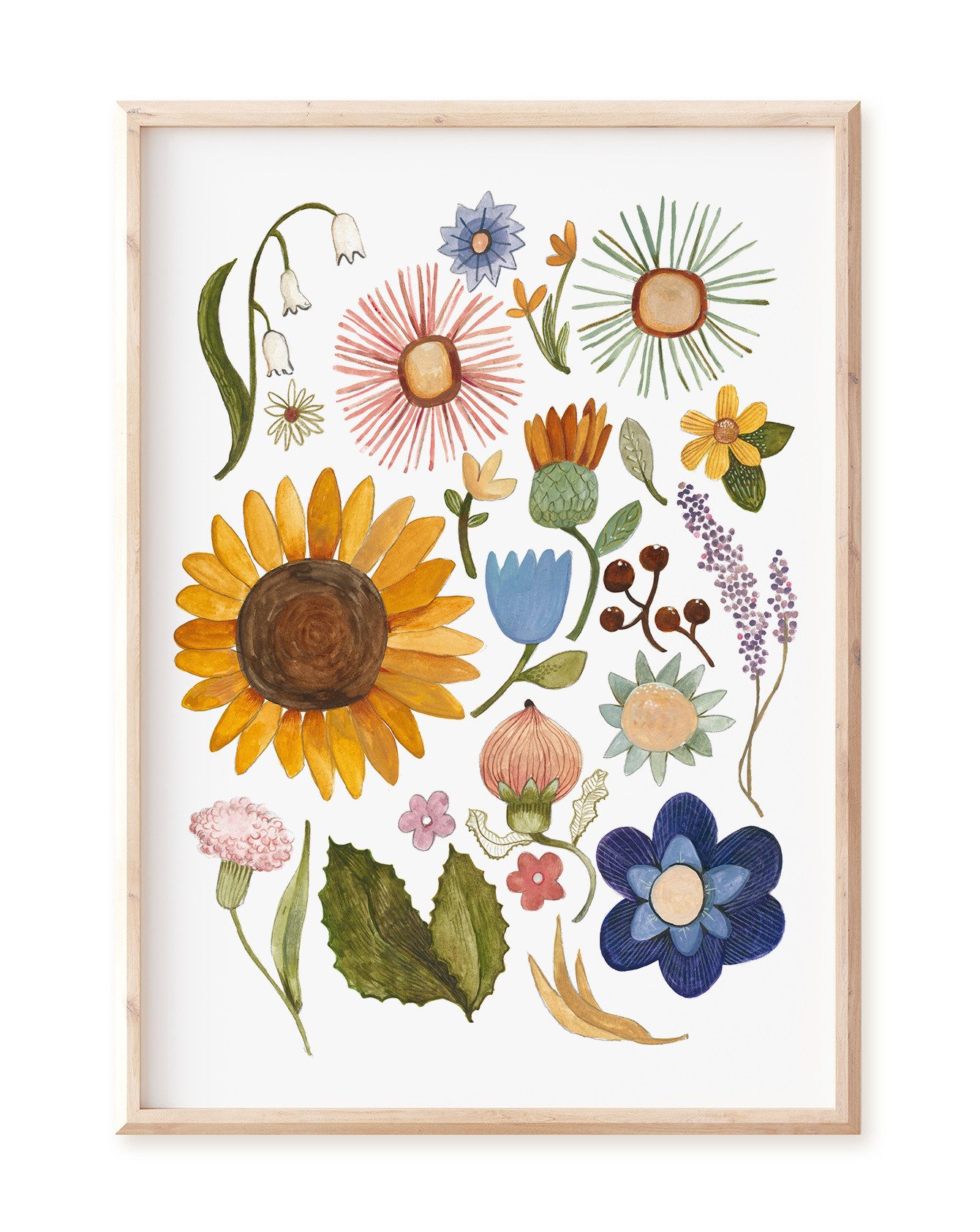 Pipapier Poster Kinderposter "Sommer Blumensammlung", Blumenbild, Aquarell, Blumenbild mit harmonischen Farben