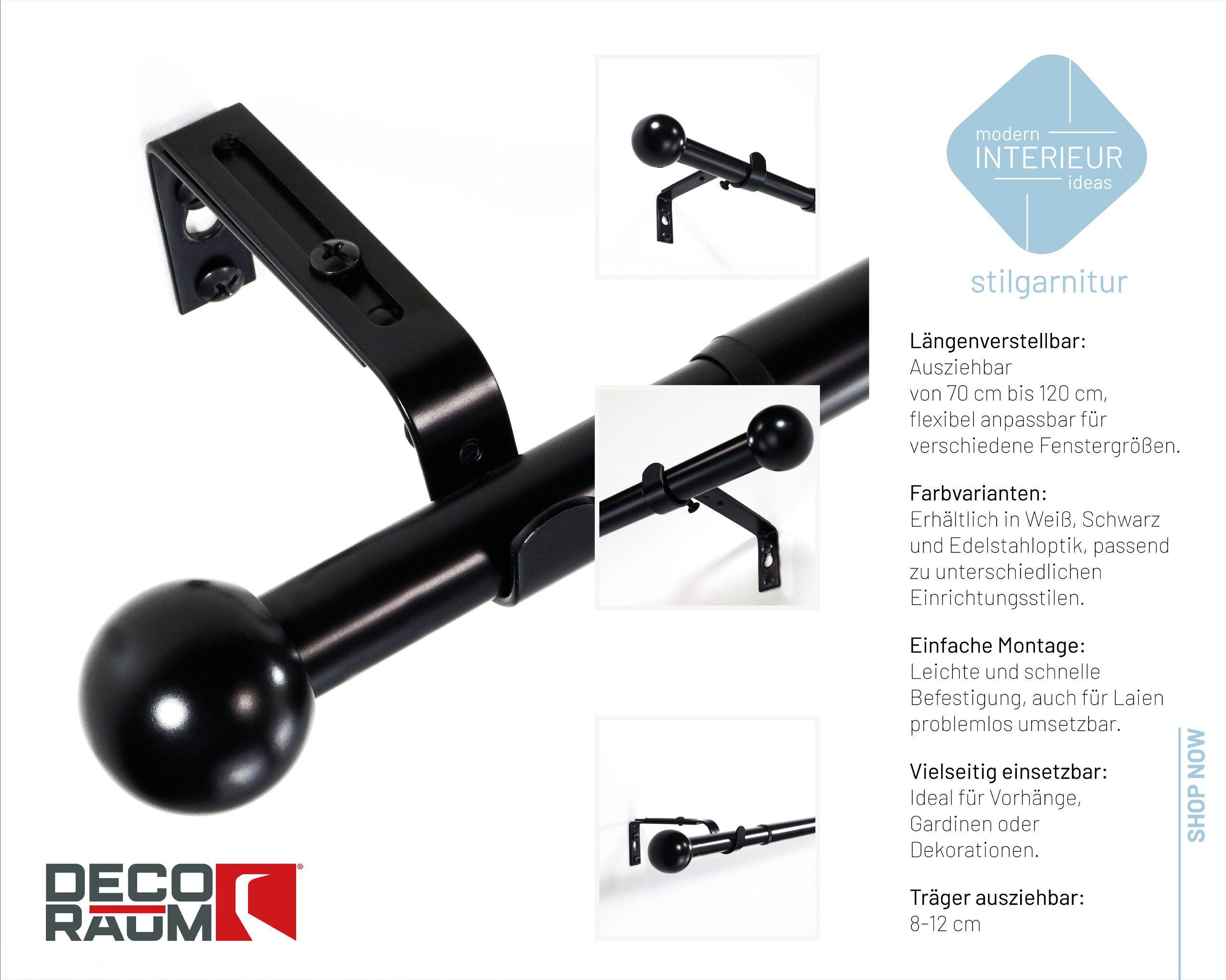 Deco-Raum Gardinenstange Flexa Stilgarnitur Set ausziehbar, Ø 19 mm, 1-läufig, ausziehbar, Wandmontage, verschraubt, Metall, perfekt für Dekoschals Gardinen – Bild 3 von 5