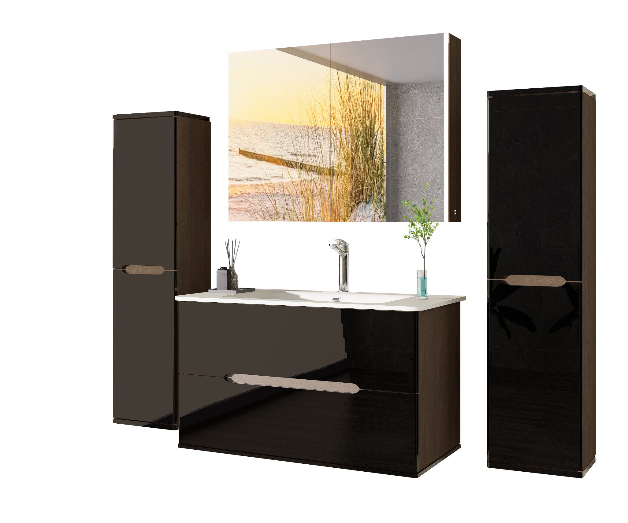 Badmöbel-Set Bad Möbelset Badezimmer Möbel Hochglanz 90 Eiche Weiß Spiegelschrank