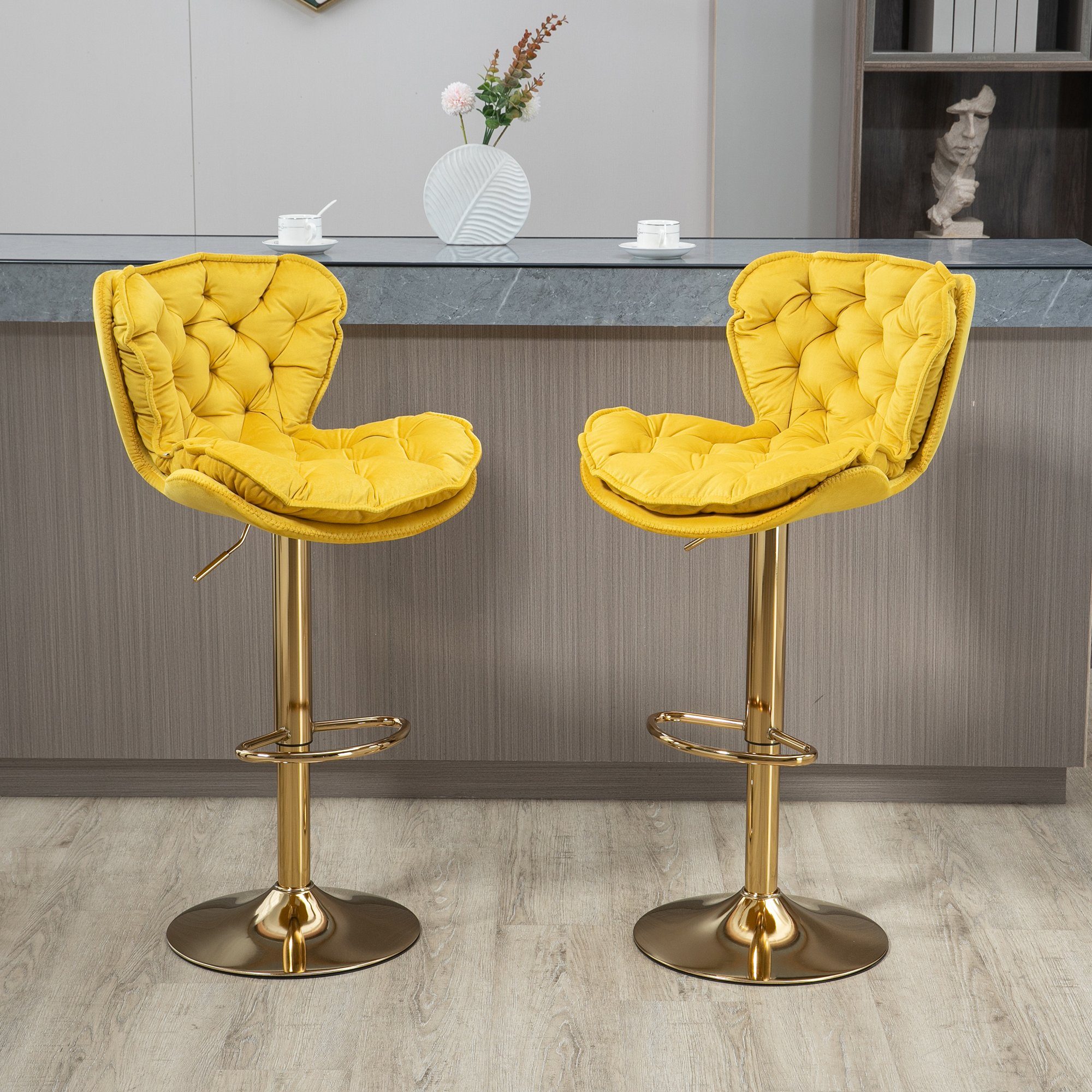 OKWISH Barhocker Tresenhocker, Schwenkbare Barstühle Set von 2 (mit Fußstütze für Küche, Esszimmer), 360-Grad-Höhenverstellung gelb