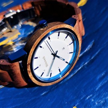 Holzwerk Quarzuhr GARDING Damen & Herren Holz Armband Uhr mit Datum, braun, weiß & blau