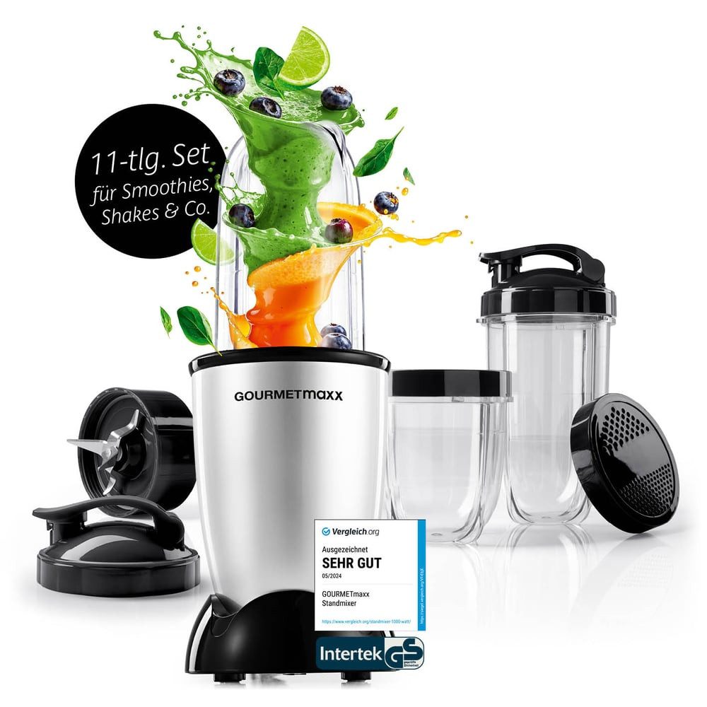 GOURMETmaxx Standmixer Mixer Mr. Magic 10-tlg. 400W silber/schwarz, 400 W, inkl. Zubehör-Set L rot Speisen Smoothies Getränke 3 Mixbecher To-Go