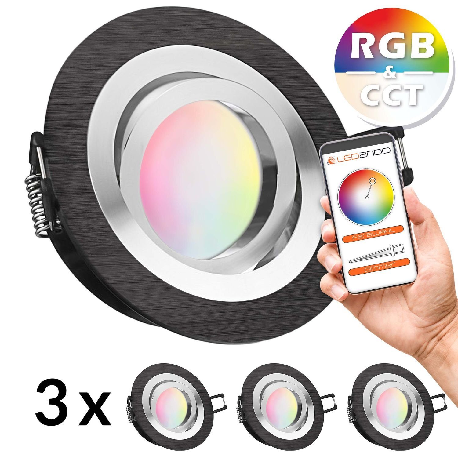 LEDANDO LED Einbaustrahler 3er RGB - CCT LED Einbaustrahler Set extra flach in schwarz mit 5W Leu