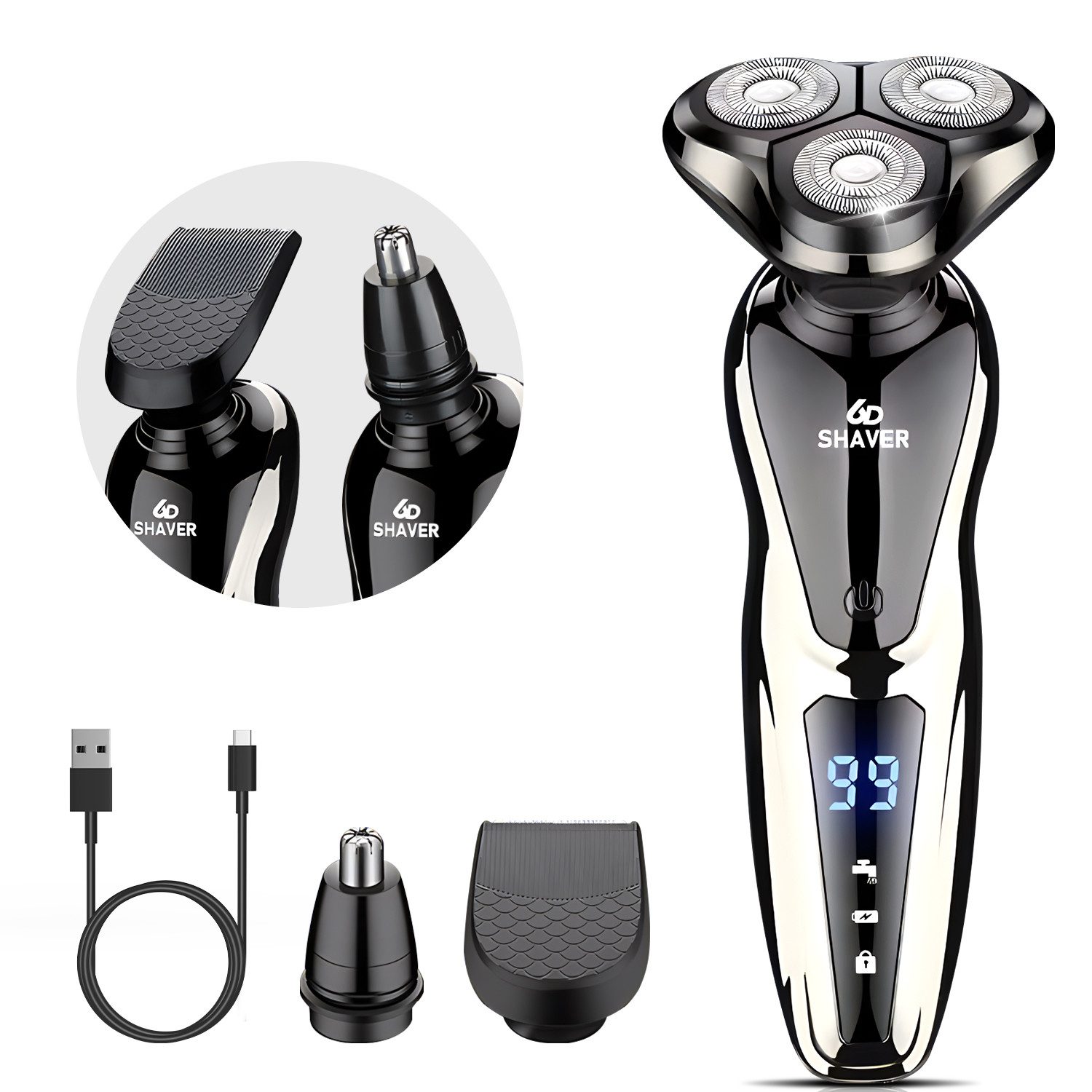 CkeyiN Elektrorasierer 3-in-1 Bartschneider Nasenhaartrimmer Haarschneider Multifunktional, Aufsätze: 3, IPX7 wasserdicht, magnetischer 3D-Floating-Elektrorasierer, OHNE ÖL