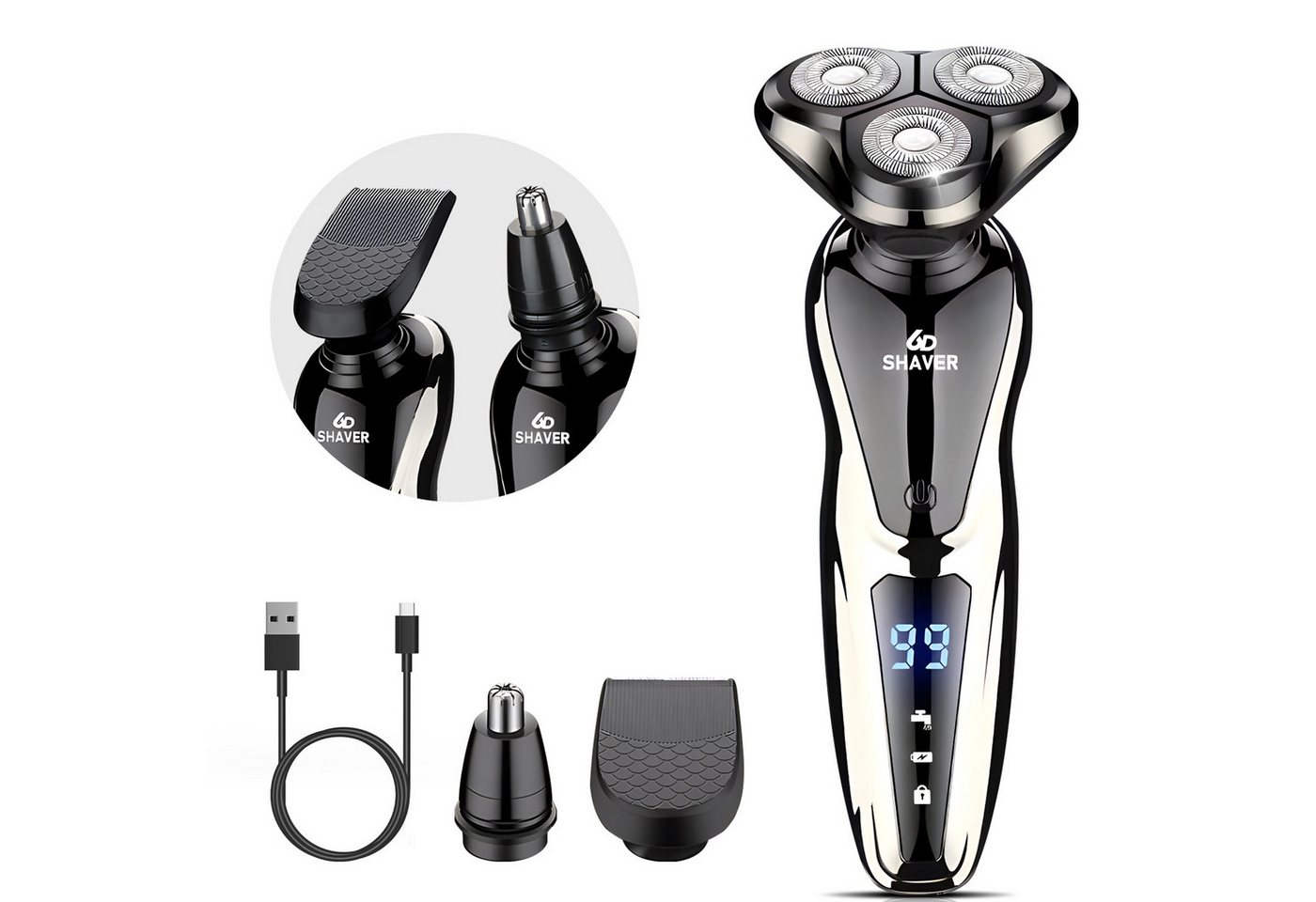 CkeyiN Elektrorasierer 3-in-1 mit schwimmenden Scherköpfen Nasenhaartrimmer Barttrimmer, Aufsätze: 3, IPX7 wasserdicht, magnetischer 3D-Floating-Elektrorasierer, OHNE ÖL