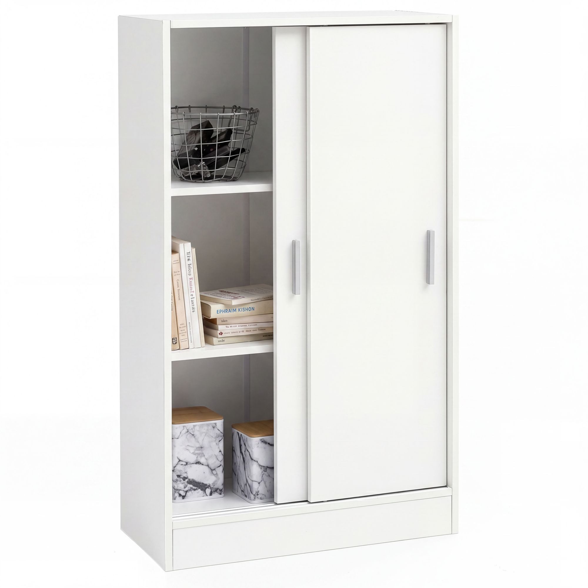FINEBUY Sideboard FB51842 60cm Weiß mit 2 Schiebetüren Aktenschrank Kommode (Aktenschrank Holz 60 x 107,5 x 28,5 cm Weiß Modern), Mehrzweckschrank Flur, Kleiner Kommodenschrank