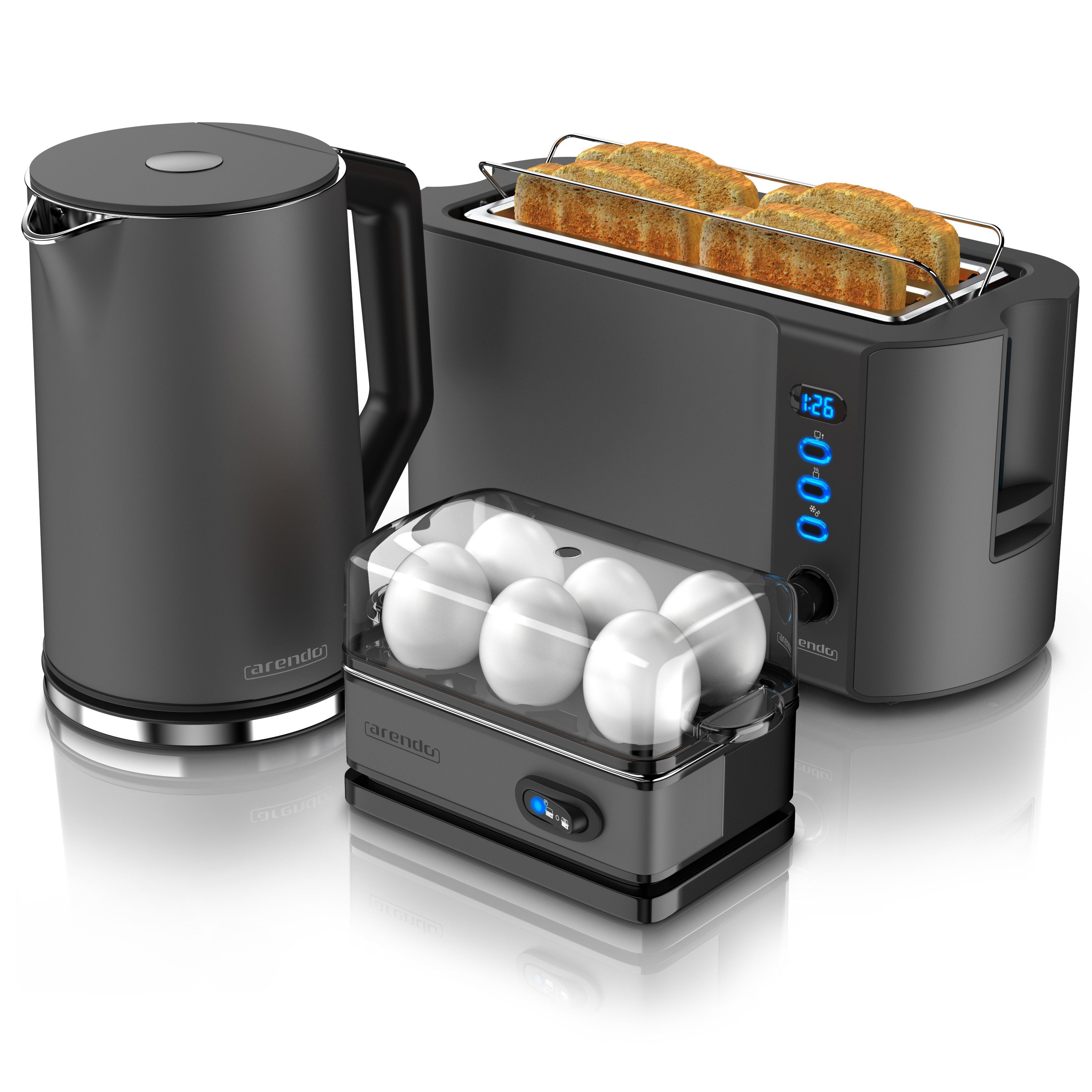 Arendo Frühstücks-Set Wasserkocher 1,5l, 4-Scheiben Toaster, 6er Eierkocher, Cool Grey (3-tlg), Edelstahl, 40°-100°C, LED-Display, 6 Bräunungsgrade, Messbecher