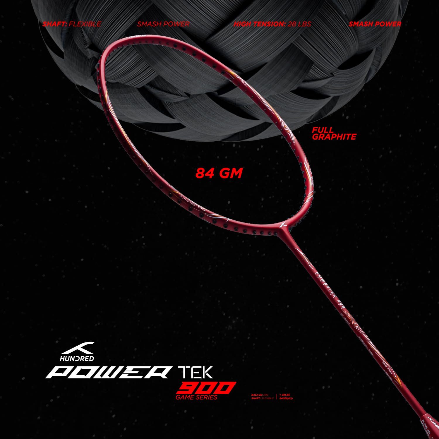 hundred Badmintonschläger POWERTEK 909, (Maximale Saitenspannung - 26lbs, Badmintonschläger mit Hülle), Federballschläger Graphit Leichtgewicht Profi Squash
