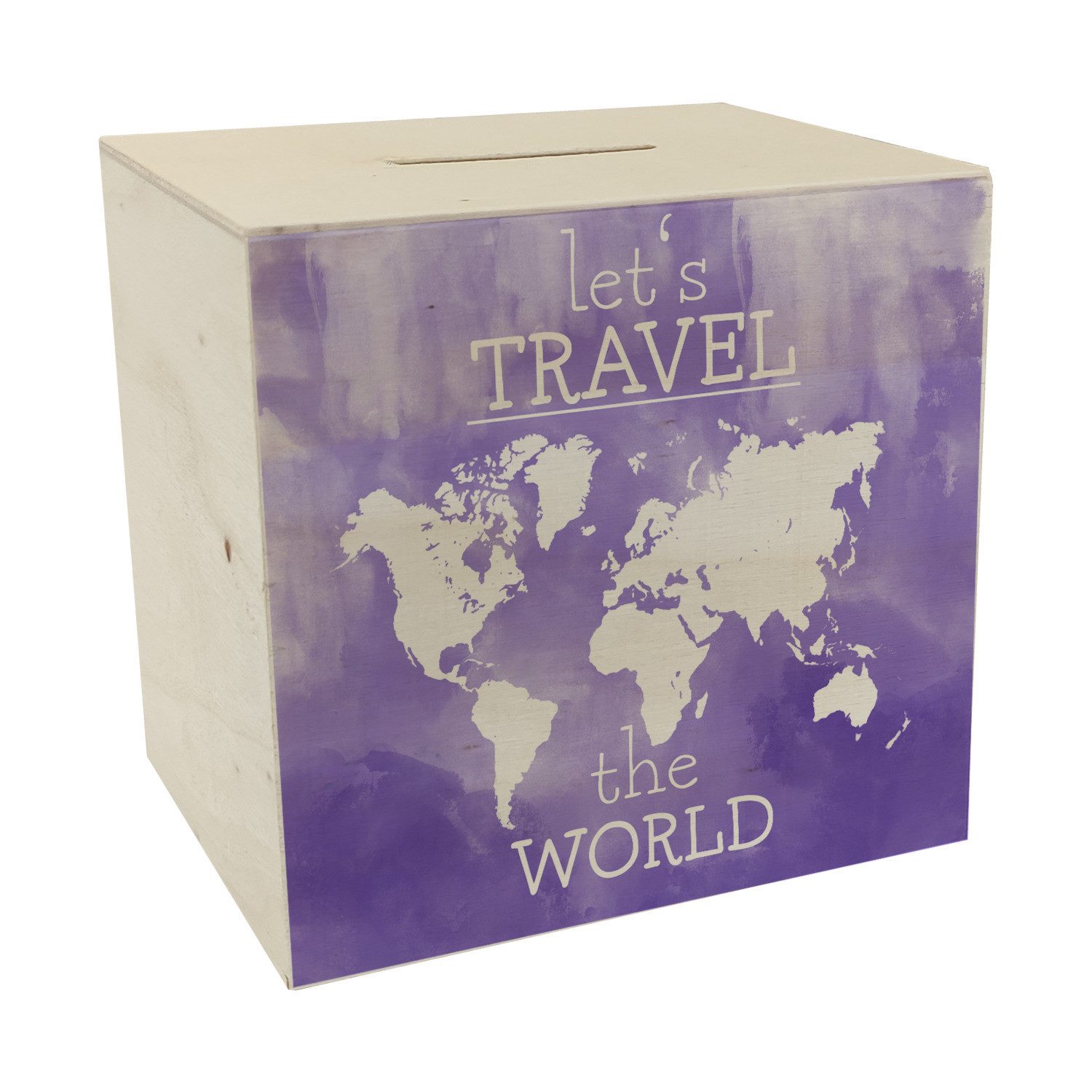 Spardose Spardose aus Holz mit Weltkarten Motiv und Text let's travel the in