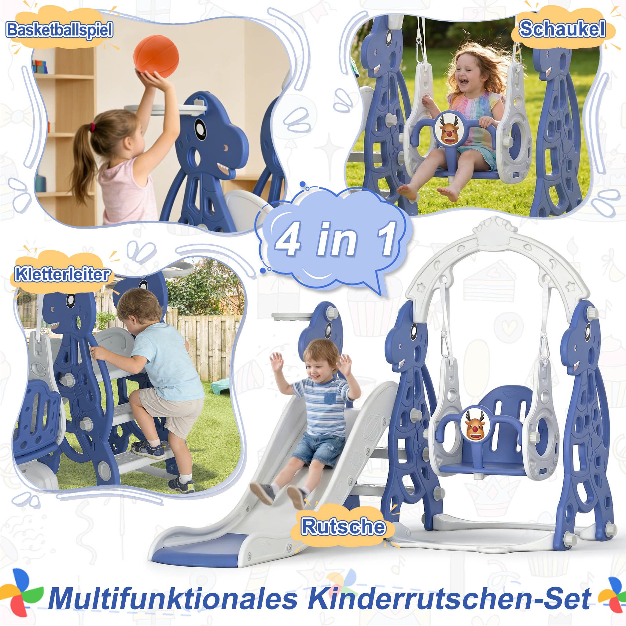 FIVMEN Rutsche Kinder Freistehende Kinderrutsche Spielzeugrutsche Gartenrutsche, Kinder Rutsche inkl. Klettergerüst & Basketballkorb, Blau – Bild 4 von 5
