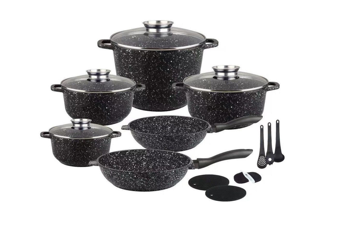 Zilner Topf-Set Töpfe in verschiedenen Größen mit Steinbeschichtung mit Pfannen, Keramik, Aluminiumguss, Edelstahl (1.3L / 2.4L / 3.4L / 4.5L / 6.2L / 6.8L, 17-tlg., Zeitloses Design des Topfsets. Eine ideale Geschenkidee! Hochwertig)