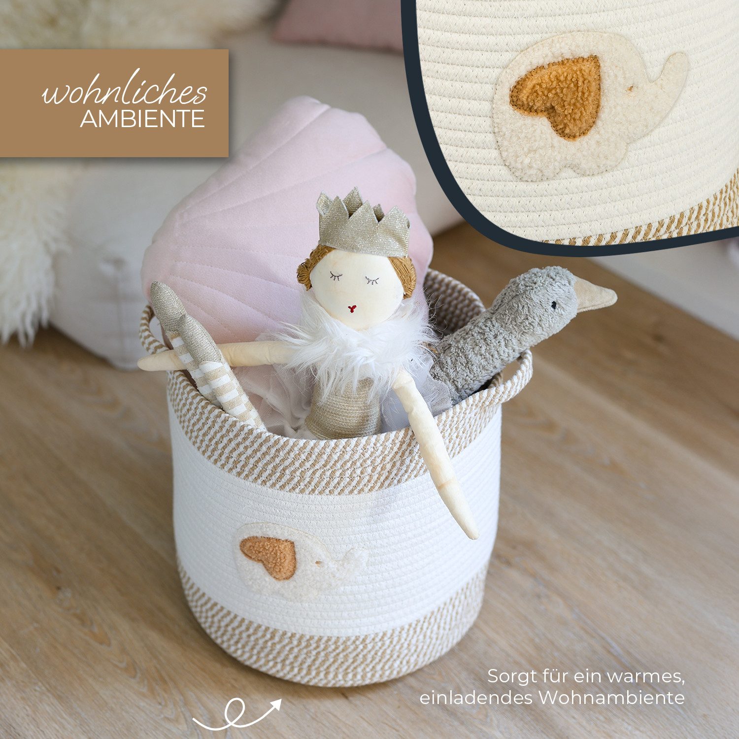 HMF Aufbewahrungskorb Aufbewahrungskorb mit verlängerten Griffen, runder Korb aus, Baumwolle für Kinderzimmer oder Babyzimmer, Elefant, 30,5 x 30,5 cm – Bild 4 von 5