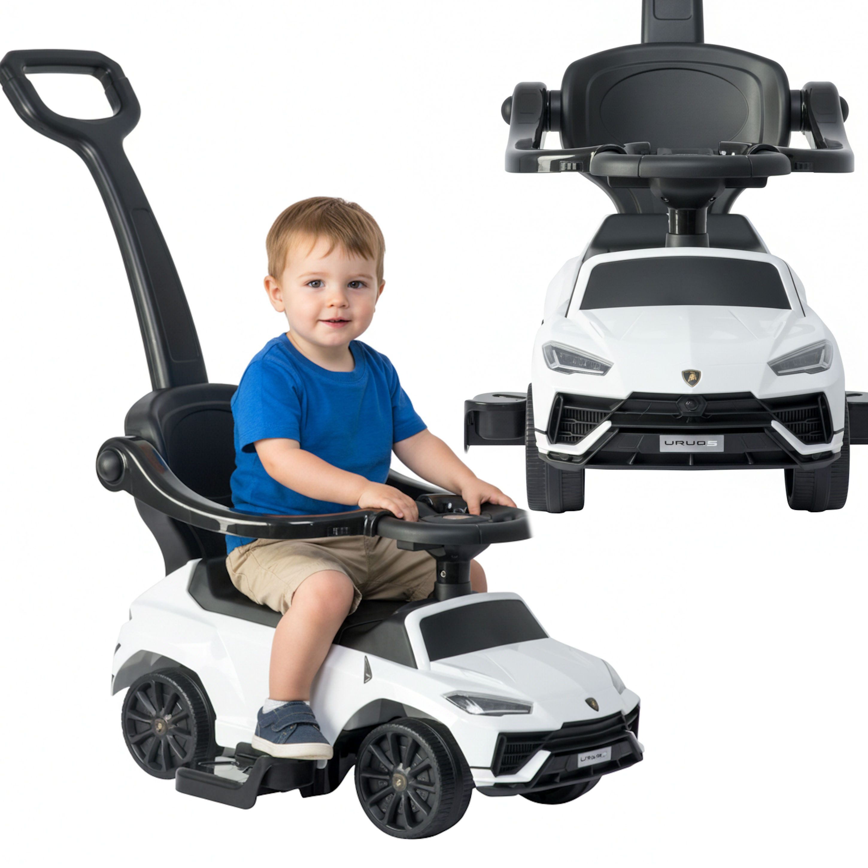 COIL Rutscherauto Babyrutscher, Kinderauto, Schiebeauto, 3in1, mit Druckgriff, interaktives Lenkrad, Musik- und Hupenknöpfe, ab 12 Monaten