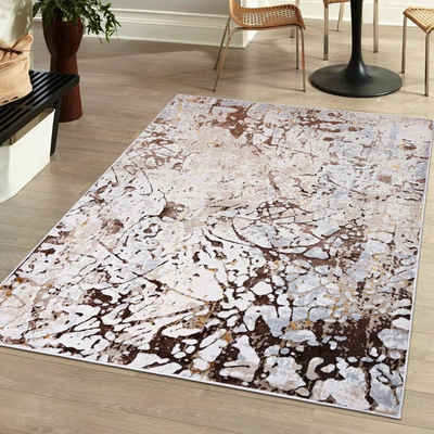 Designteppich Modern Teppich für Wohnzimmer - Beige Creme mit Gold, Mazovia, 80 x 150 cm, Glänzende Abstrakt Marmor, Höhe 10 mm, Kurzflor - niedrige Florhöhe, Weich, Pflegeleicht