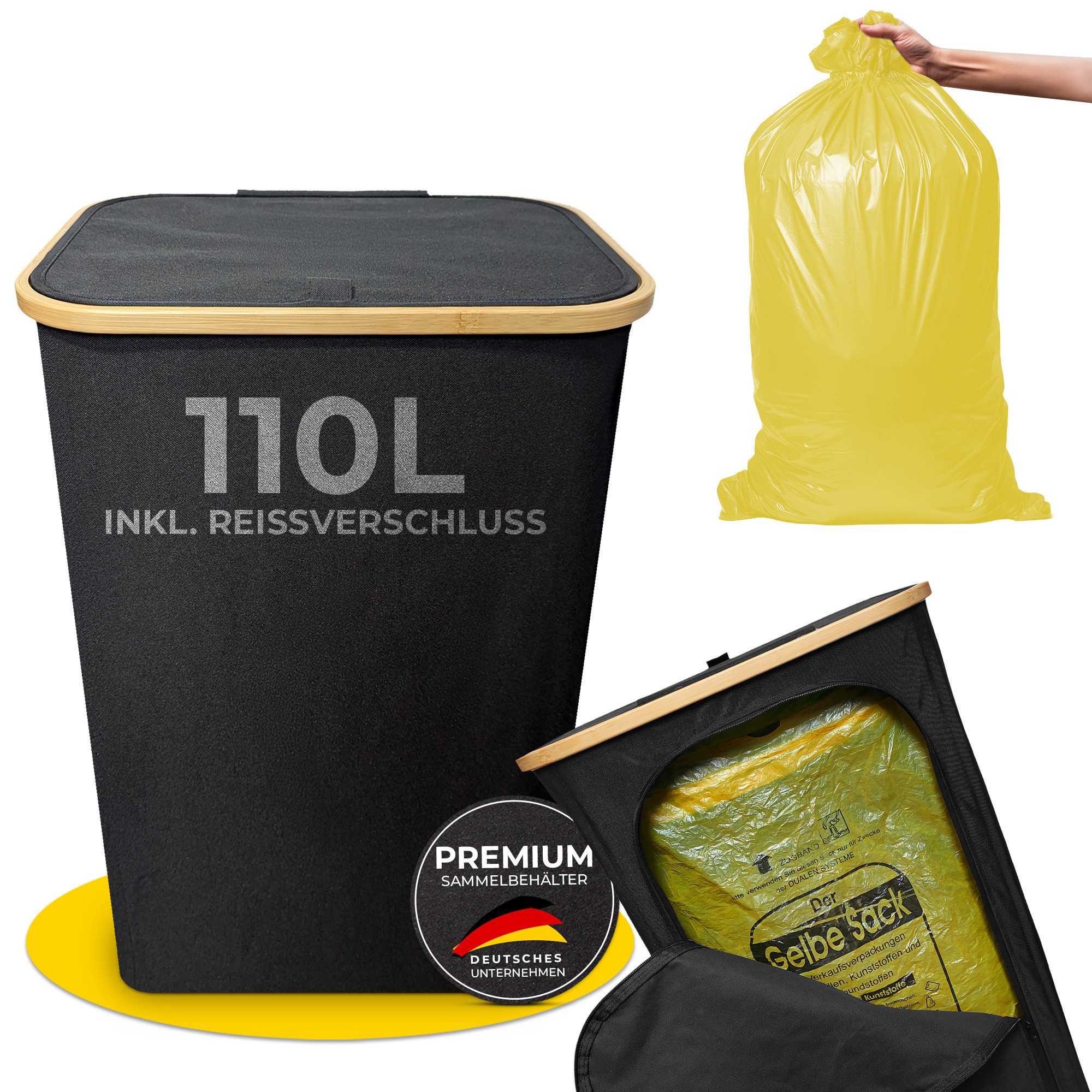 Avelya Мусорные подставки Sammelbehälter 110L Schwarz mit Reißverschluss, Für Gelben Sack, integriertes innovatives Reißverschlusssystem