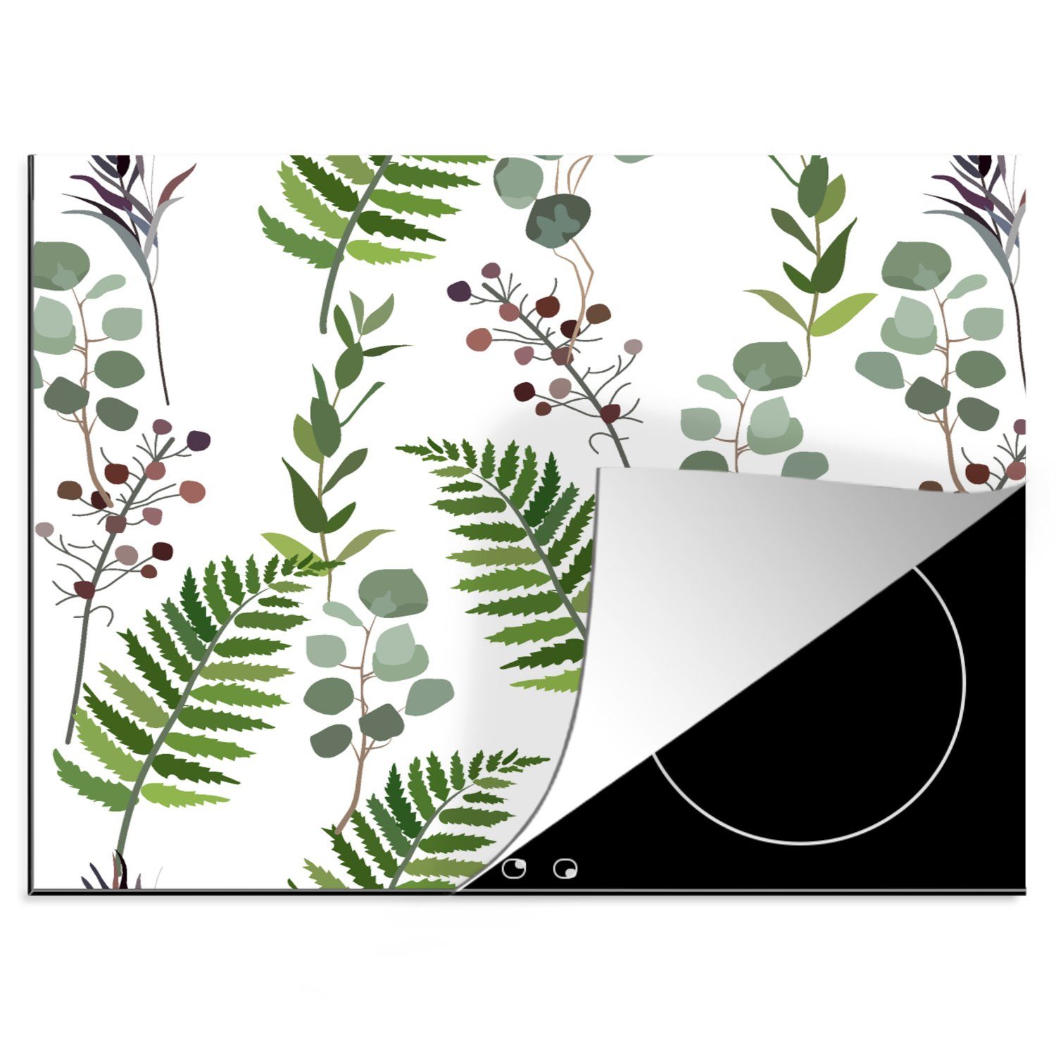 Pflanzen nutzbar, Mobile (1 Herdblende-/Abdeckplatte MuchoWow - - Vinyl, Blätter Ceranfeldabdeckung 60x52 cm, Kräuter, - Muster tlg), Arbeitsfläche