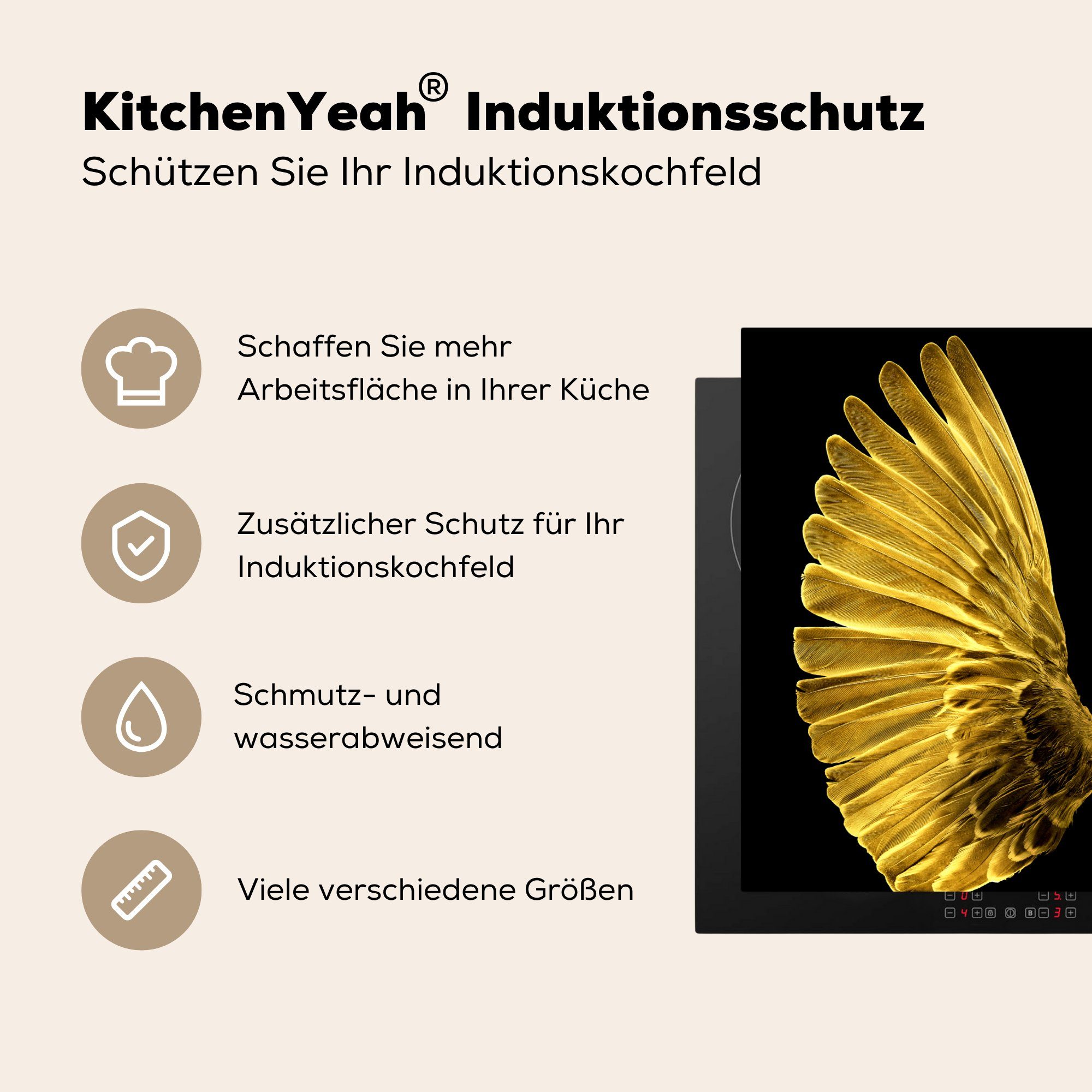 MuchoWow Herdblende-/Abdeckplatte tlg), Hintergrund, 71x52 Goldene schwarzem cm, Vinyl, Schutz die Induktionskochfeld küche, (1 Ceranfeldabdeckung Flügel für auf