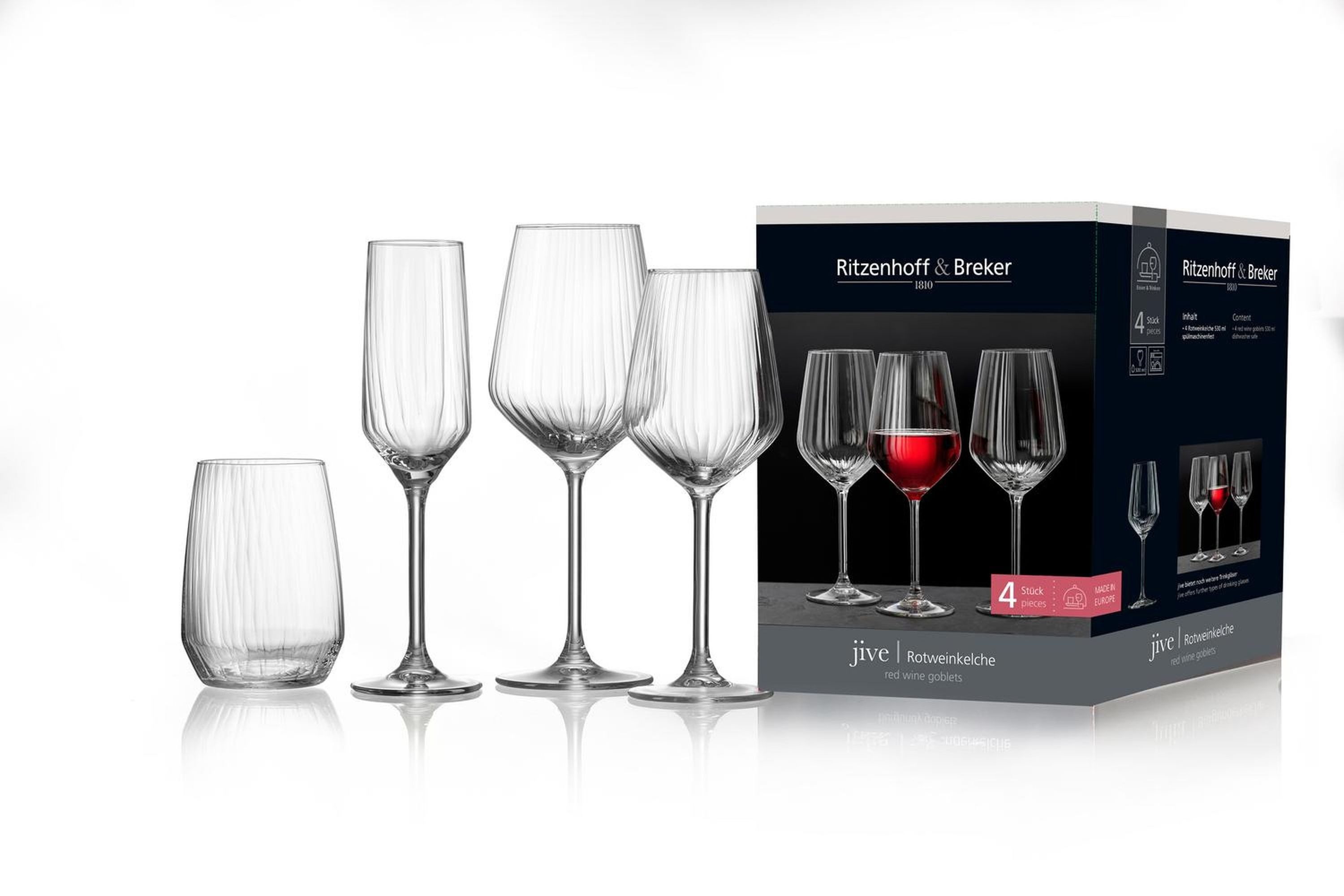 Ritzenhoff & Breker Gläser-Set Longdrinkglas Set 4 teilig 450 ml Retro Look, Glas, Strahlende Lichtreflektionen