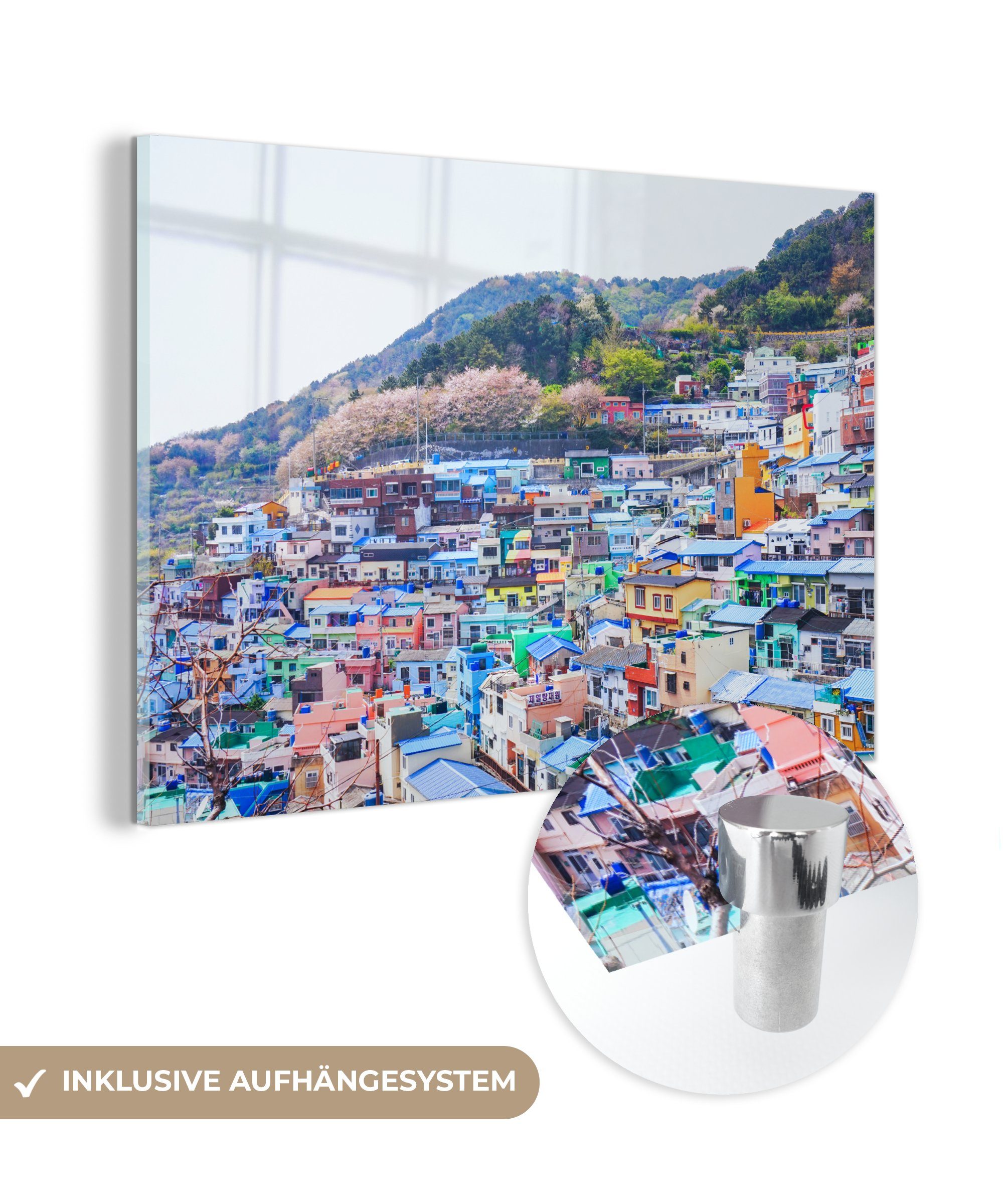 MuchoWow Acrylglasbild Farben - Korea - Häuser, (1 St), Acrylglasbilder Wohnzimmer & Schlafzimmer | Bilder