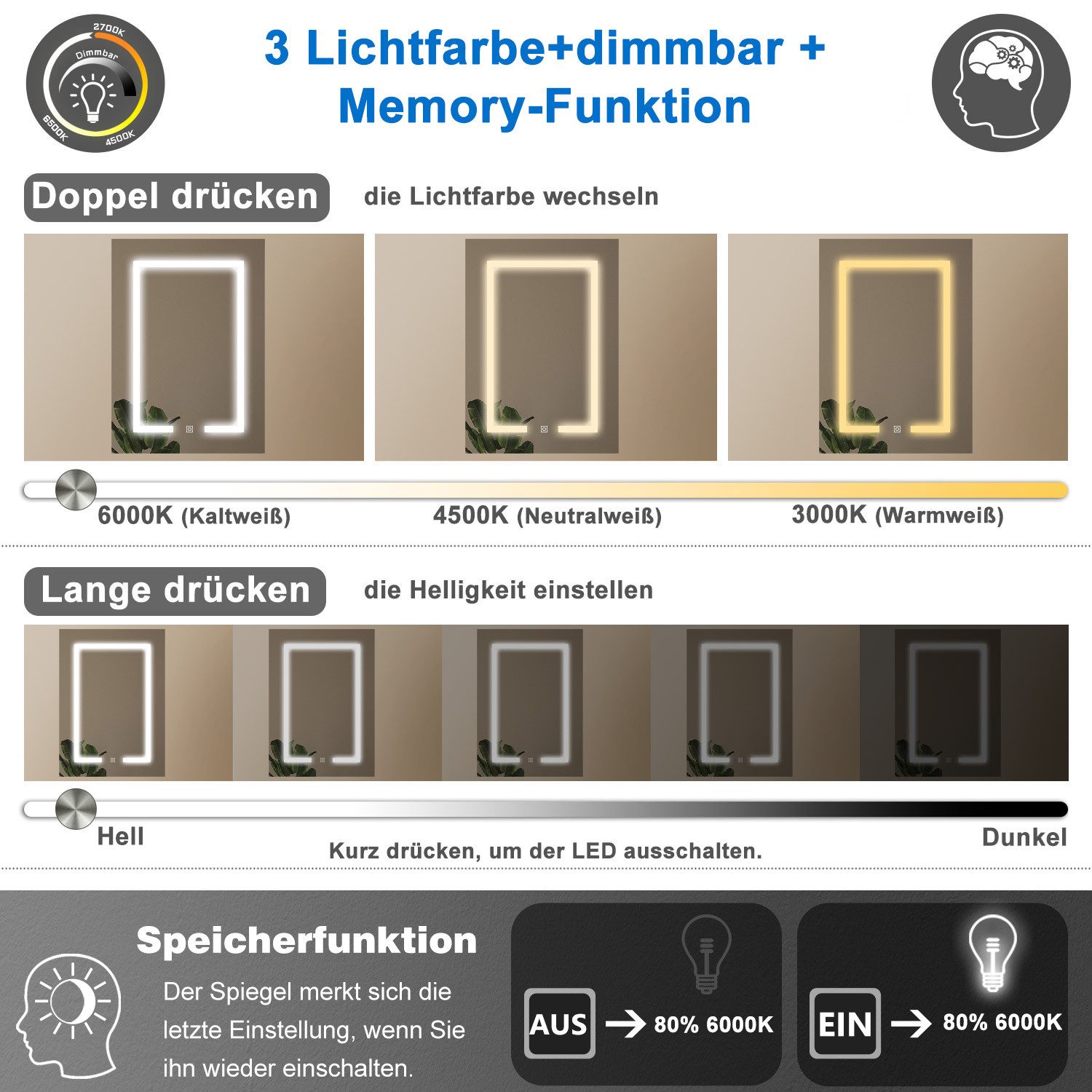 duschspa Spiegelschrank LED Badschrank mit Steckdose drei Lichtfarbe dimmbar Beschlagfrei Touch/Wandschalter, Weiß Matt/Schwarz Hochglanz, 40-100cm