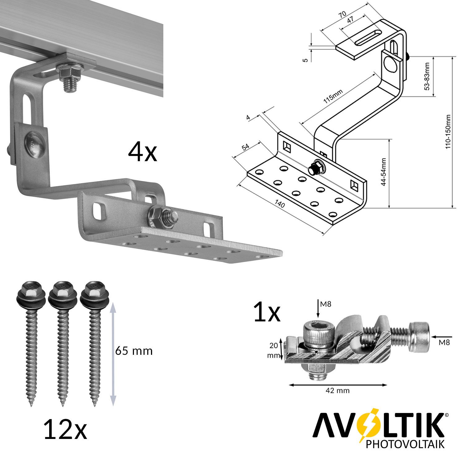 avoltik Solarmodul-Halterung Solar-Halterung Ziegeldach Montageset Dach Befestigung f 1 Solarmodul, (Set für 1 Modul, Avoltik Solar Montageset Ziegeldach Befestigung für 1 Modul, Avoltik Solar Montageset Ziegeldach Befestigung für 1 Modul)