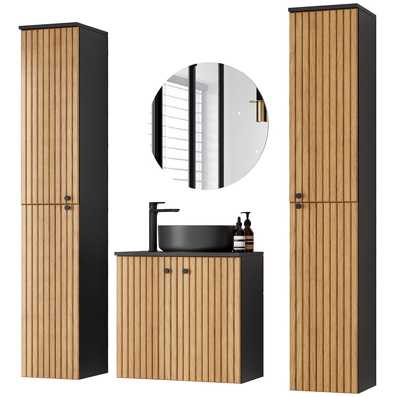 Badezimmer-Set Badmöbel Set ASTRO LONG schwarz / eiche LAMELLEN