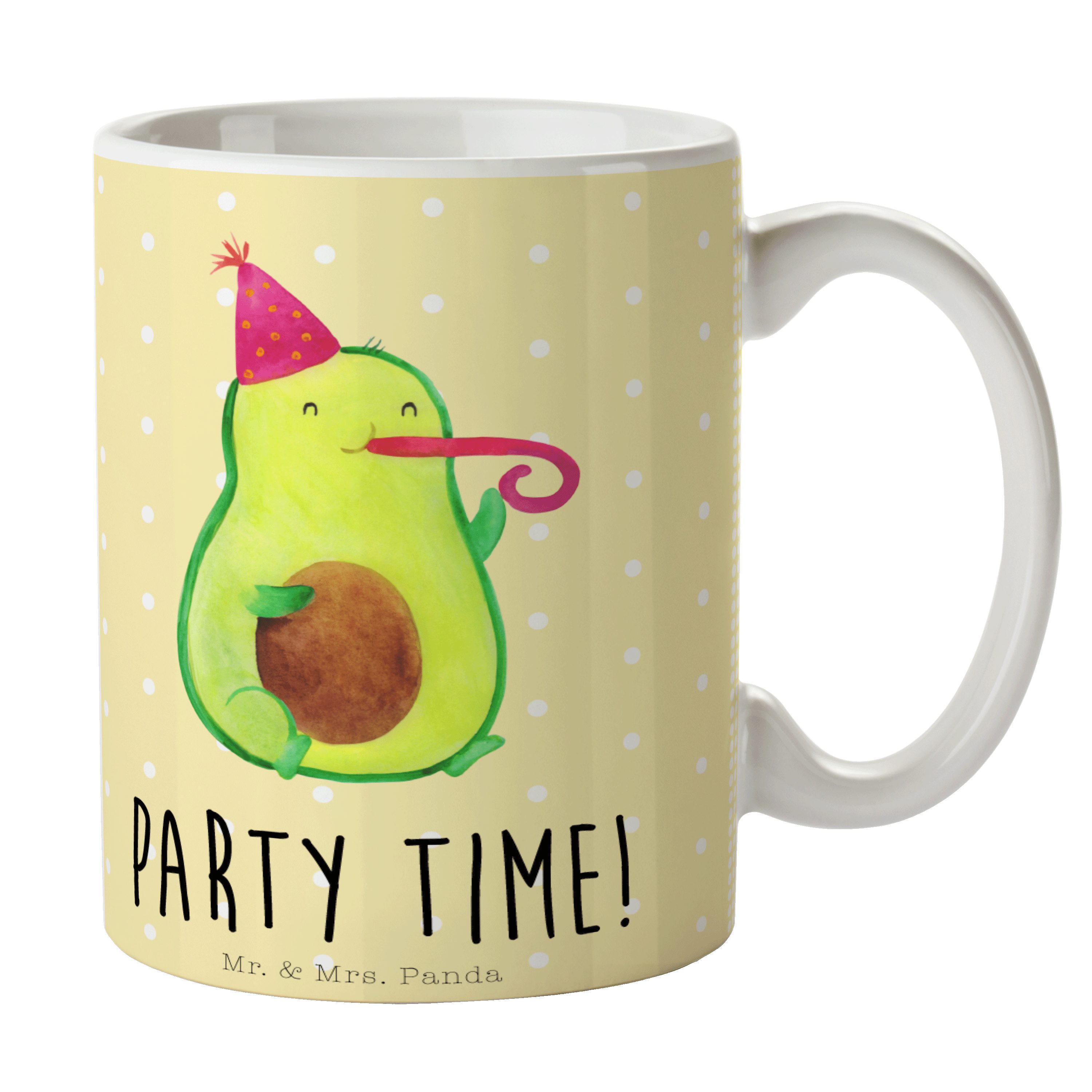 Mr. & Mrs. Panda Tasse Avocado Party Time - Gelb Pastell - Geschenk, Bestanden, Veggie, Tass, Keramik